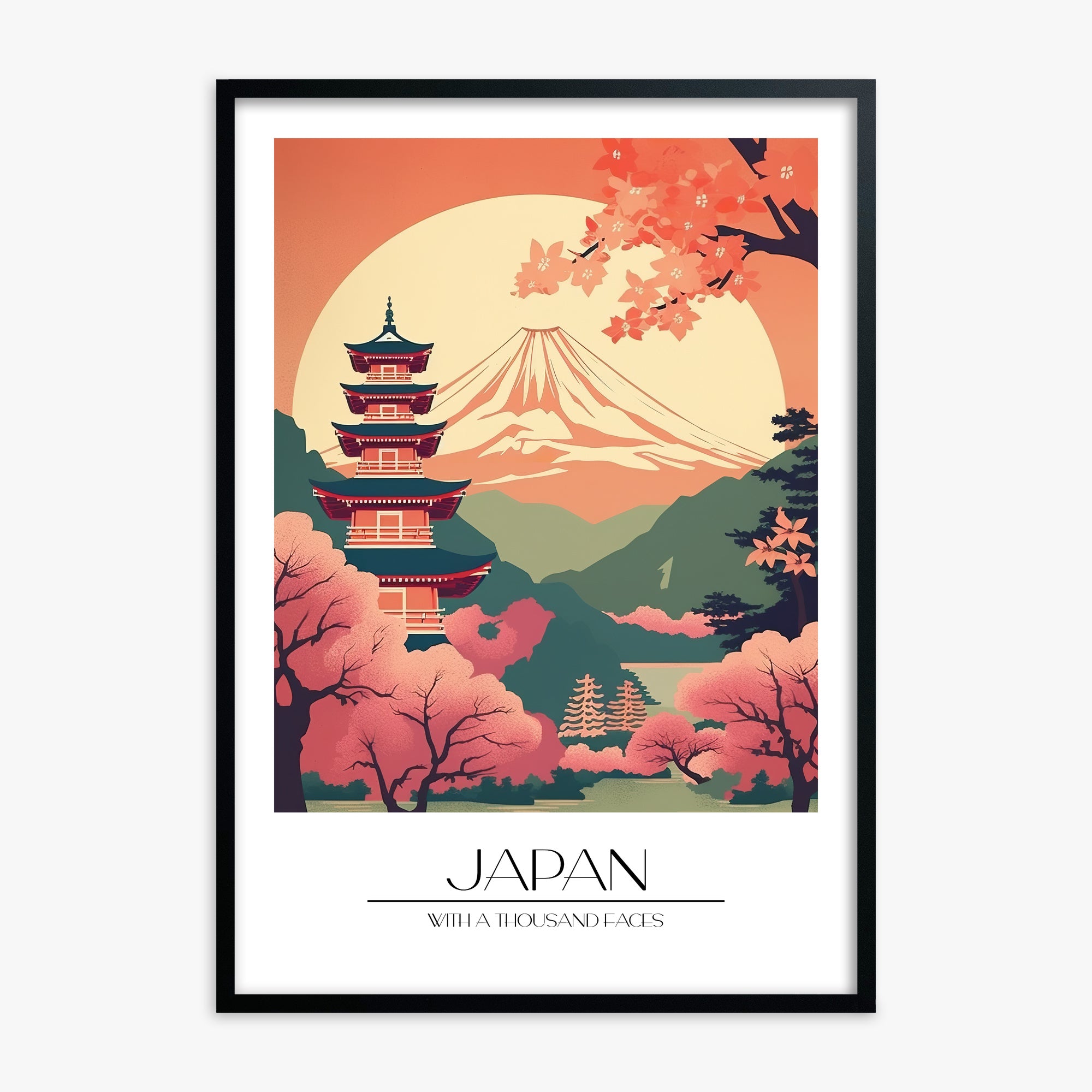 Cherry Blossom Fuji Vista, Black Framed Poster With Black Frame