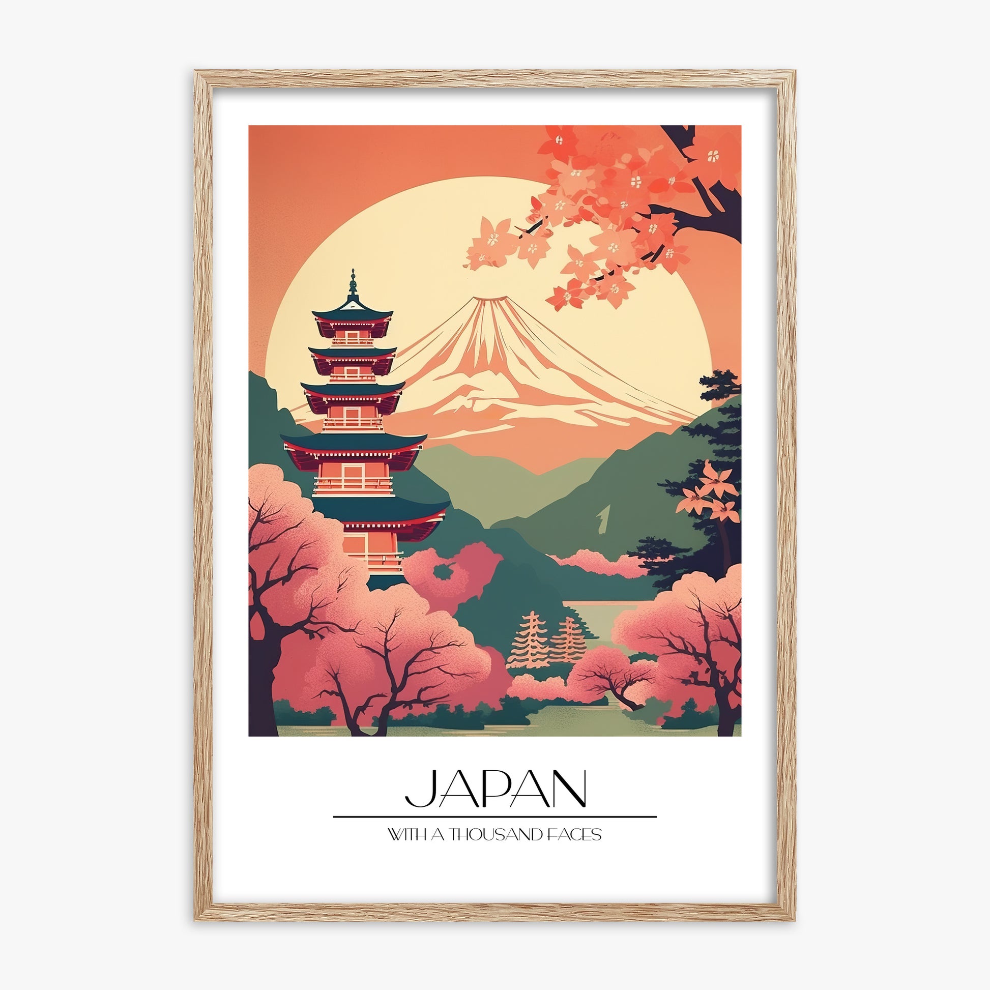 Cherry Blossom Fuji Vista, 70x100cm Framed Poster With Raw Oak Frame