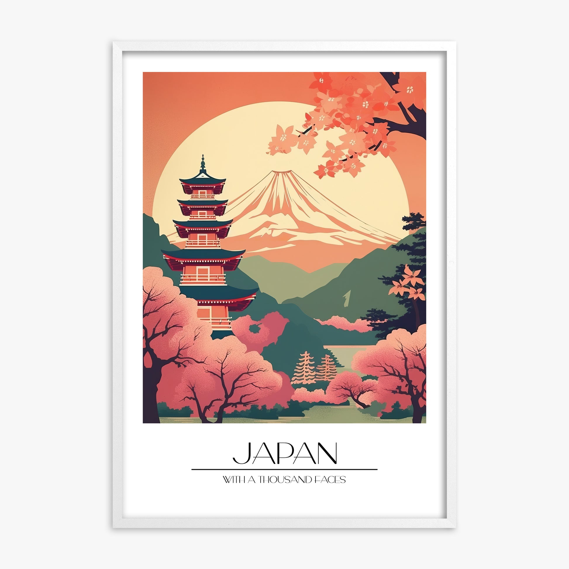 Cherry Blossom Fuji Vista, White Framed Poster With White Frame
