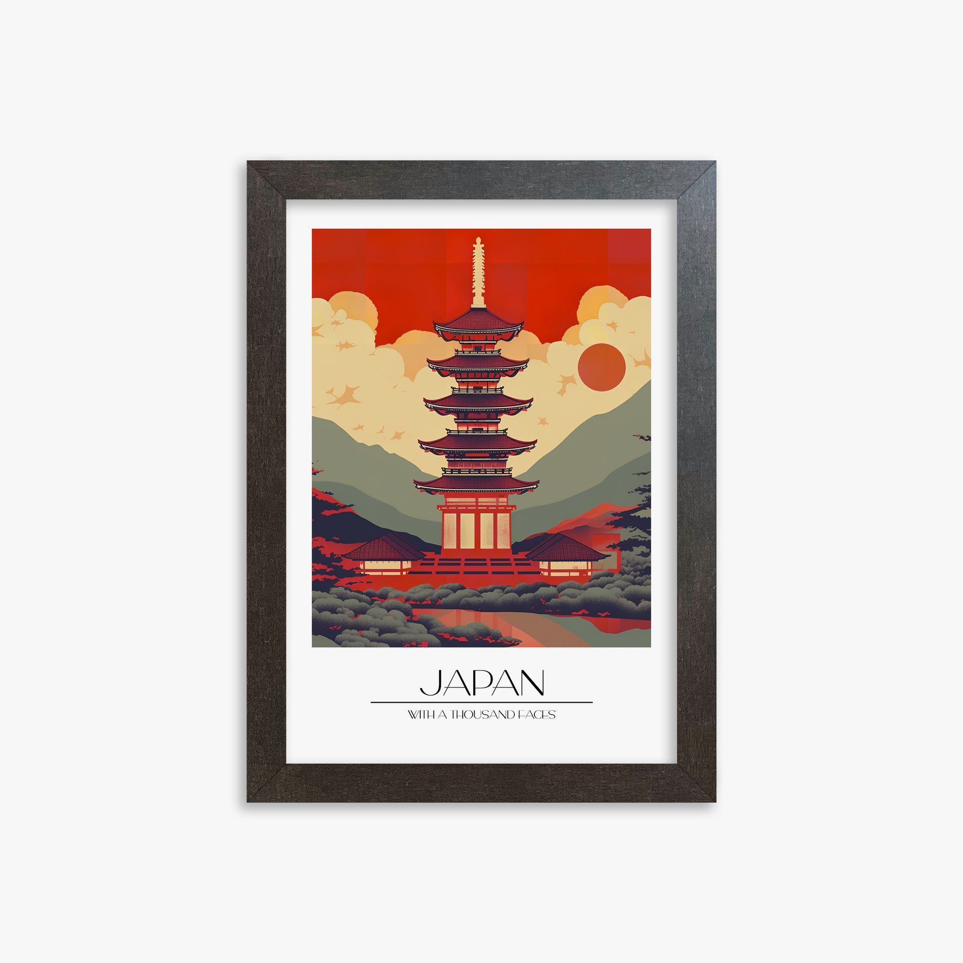 Crimson Pagoda Dusk, 21x30cm Framed Poster With Espresso Frame