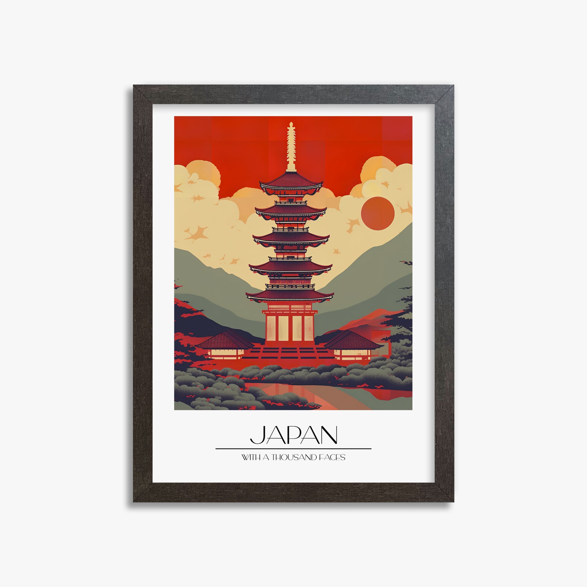 Crimson Pagoda Dusk, 30x40cm Framed Poster With Espresso Frame