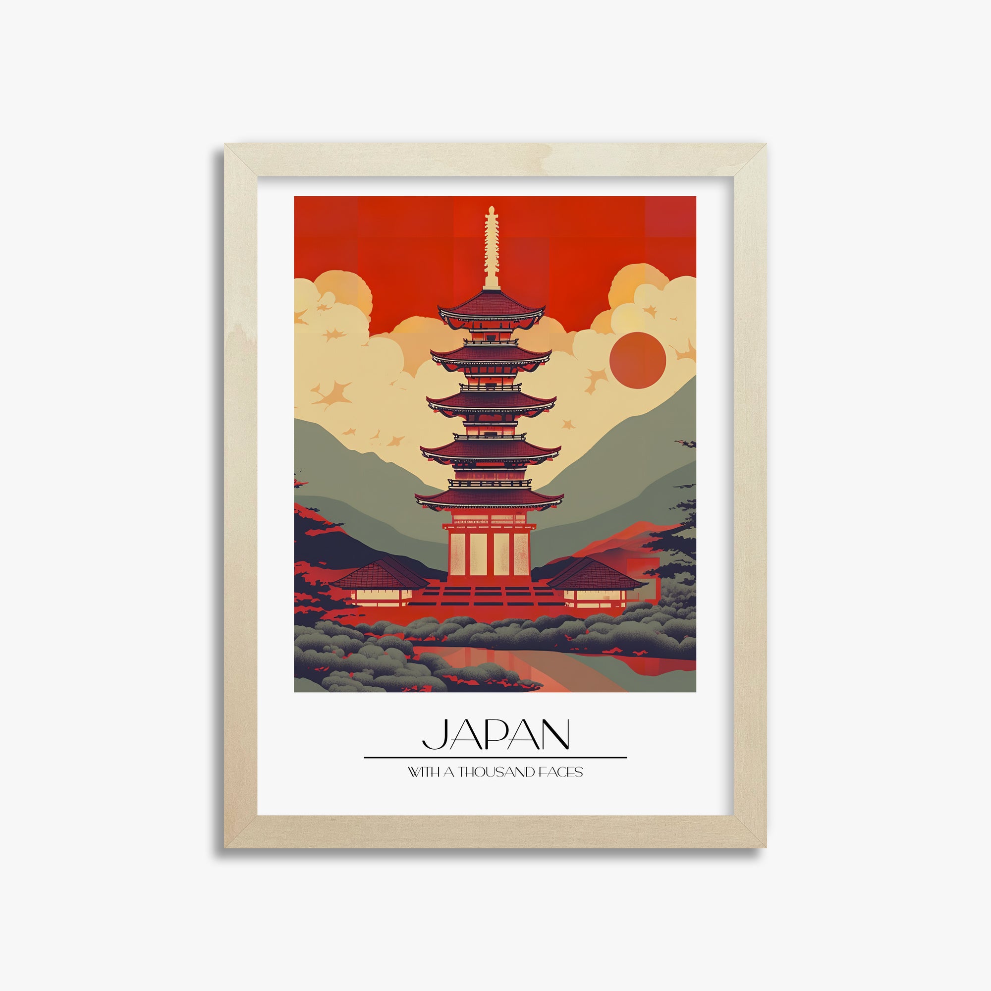 Crimson Pagoda Dusk, 30x40cm Framed Poster With Lime Wood Frame