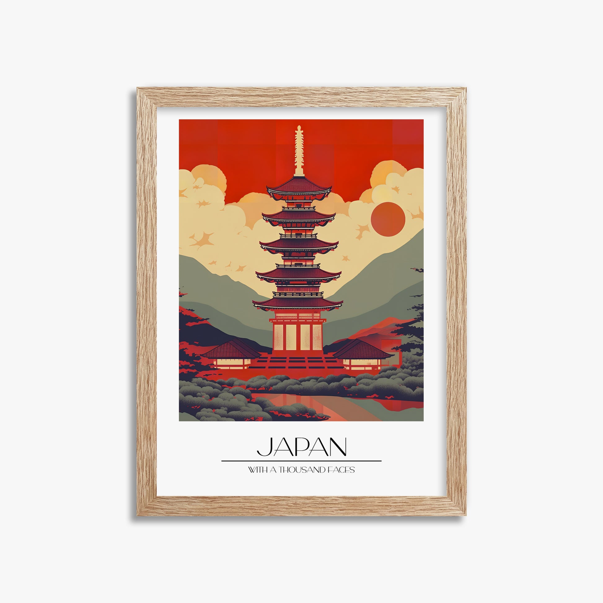 Crimson Pagoda Dusk, 30x40cm Framed Poster With Raw Oak Frame
