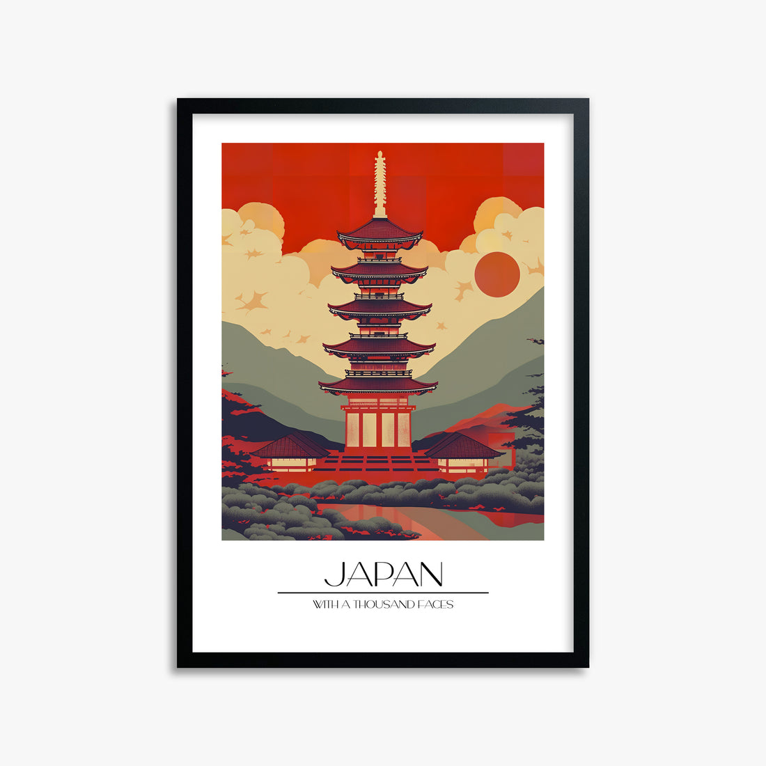 Crimson Pagoda Dusk, 50x70cm Framed Poster With Black Frame