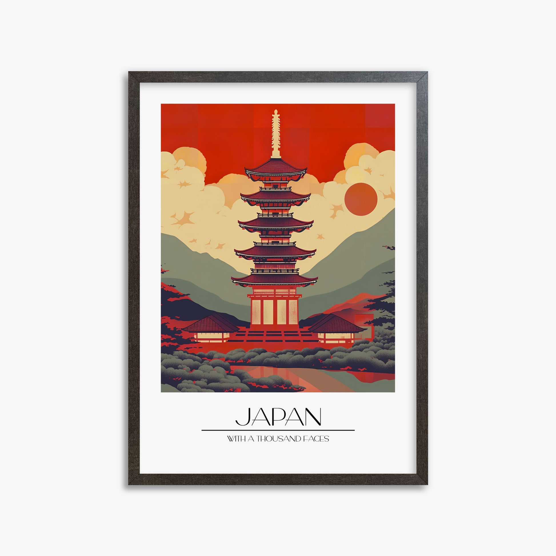 Crimson Pagoda Dusk, 50x70cm Framed Poster With Espresso Frame