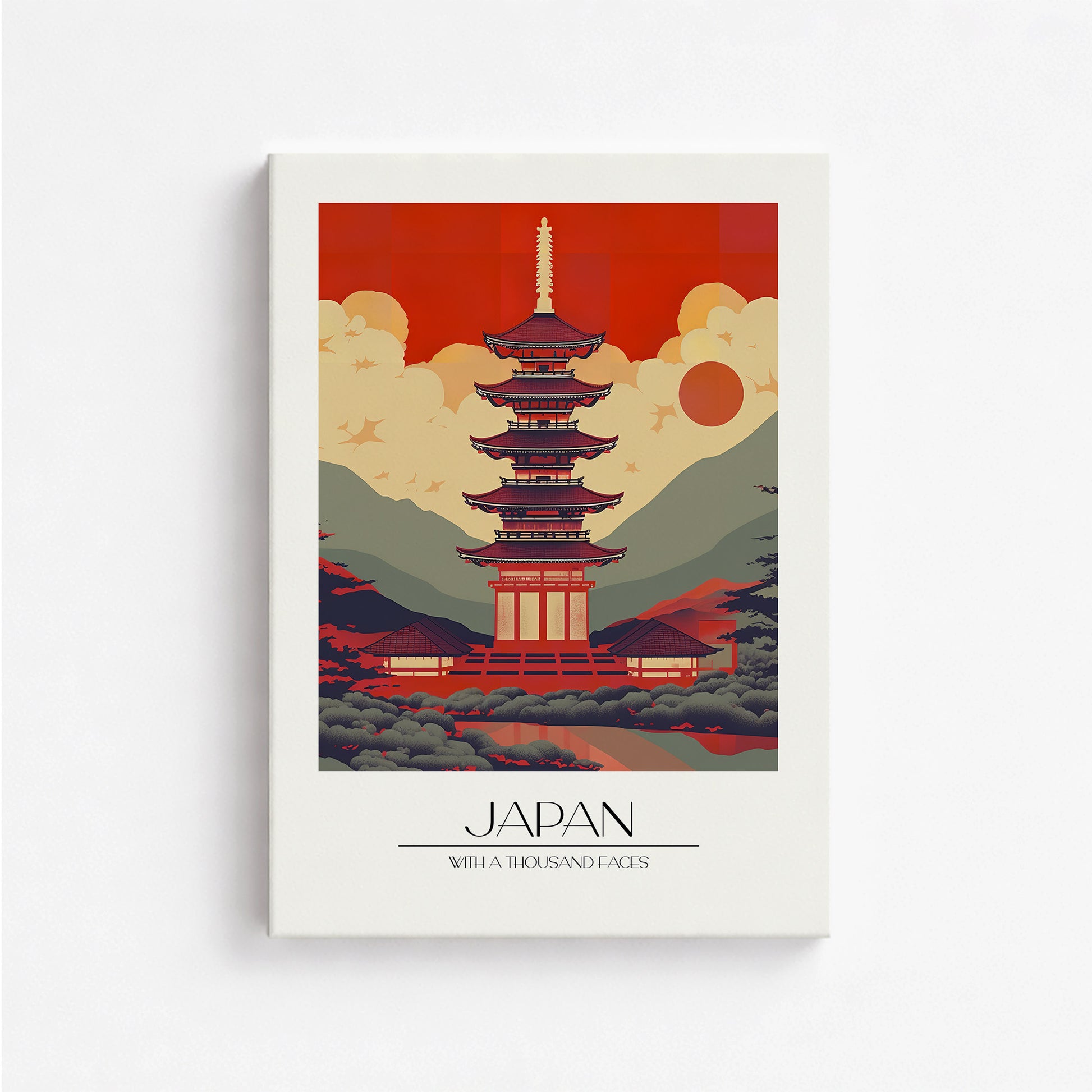 Crimson Pagoda Dusk, 50x70cm Satin Canvas Poster