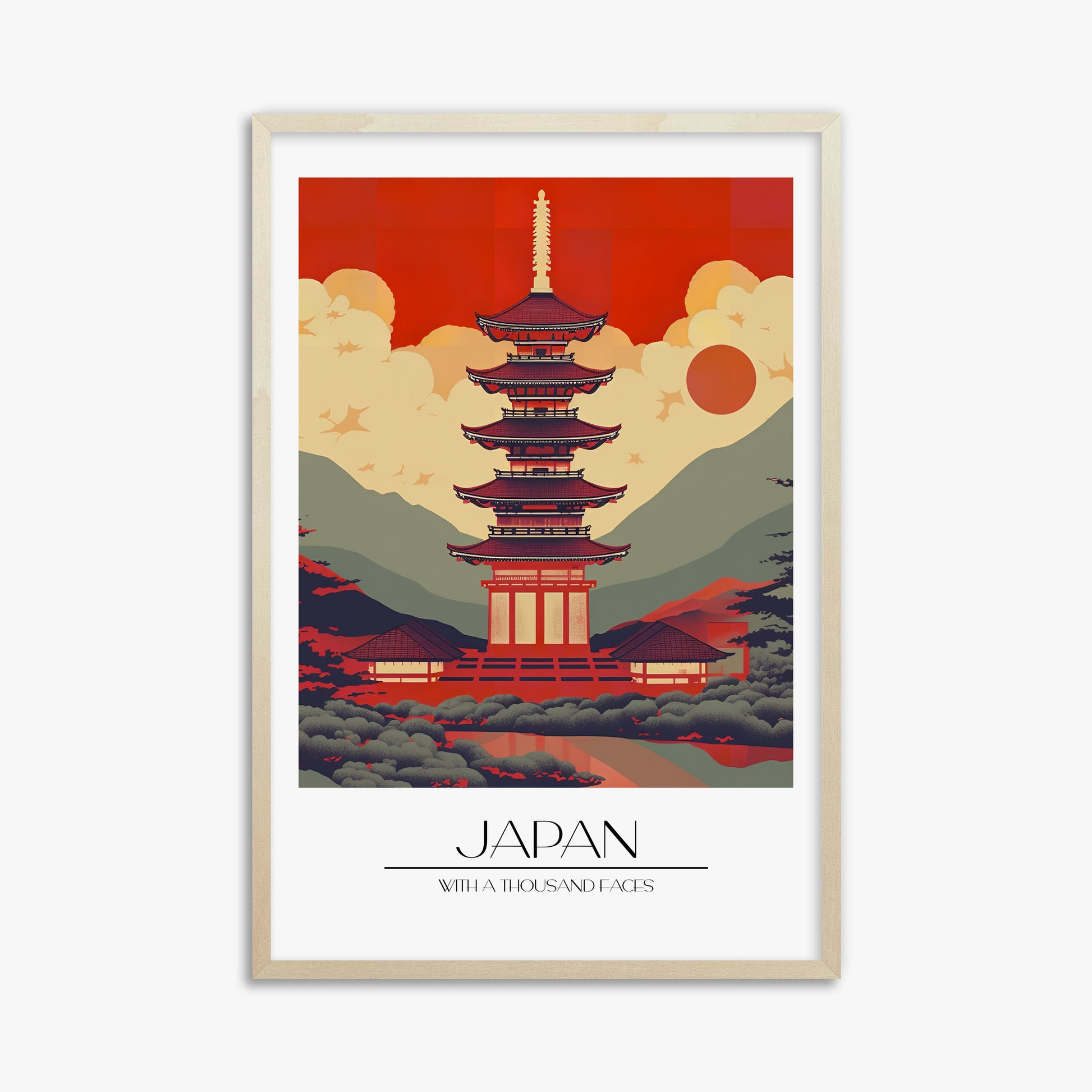 Crimson Pagoda Dusk, 61x91cm Framed Poster With Lime Wood Frame