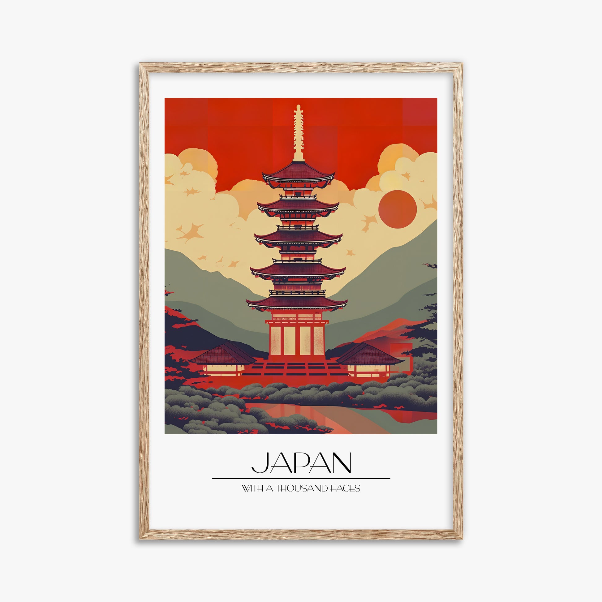 Crimson Pagoda Dusk, 61x91cm Framed Poster With Raw Oak Frame