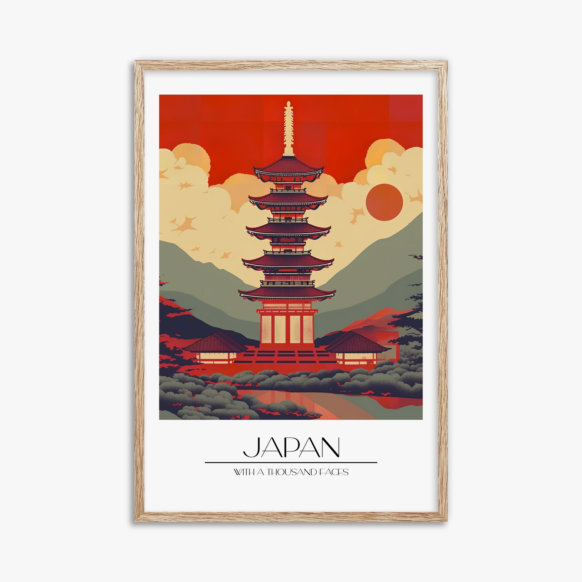 Crimson Pagoda Dusk, 61x91cm Framed Poster With Raw Oak Frame