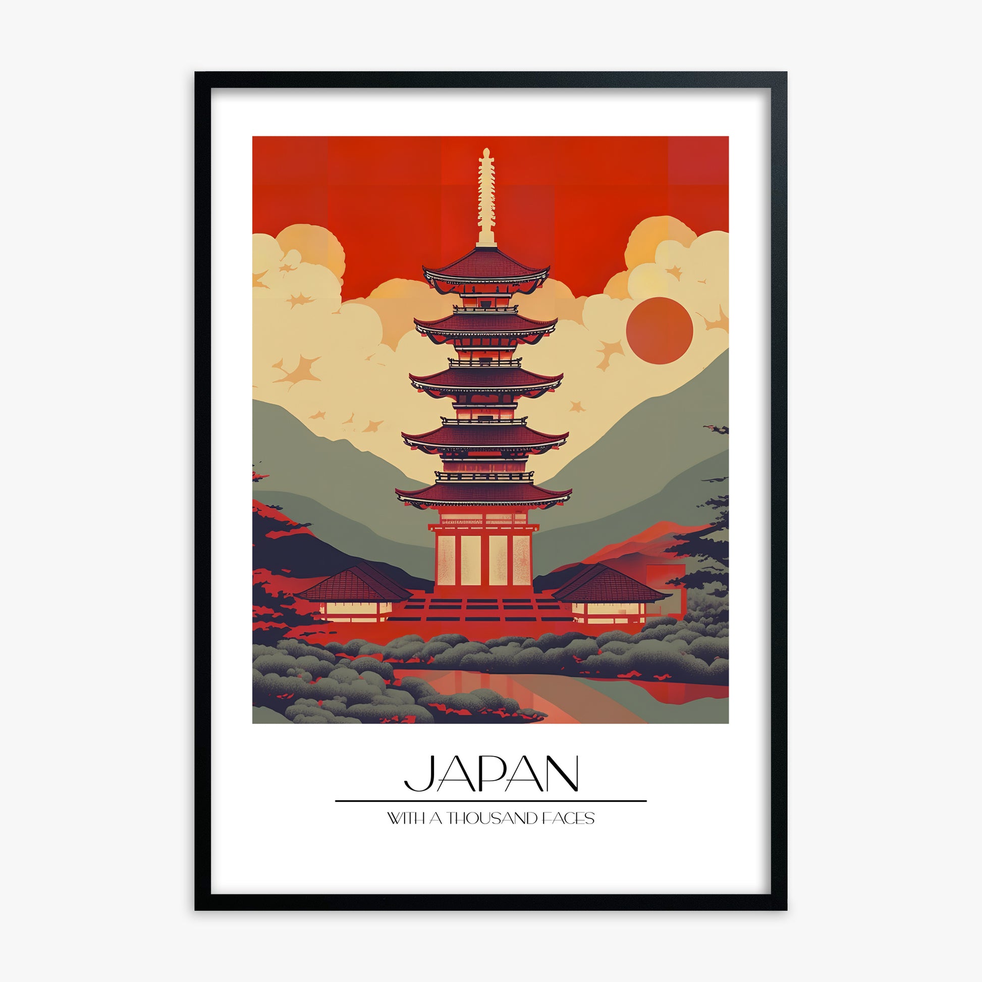 Crimson Pagoda Dusk, Black Framed Poster With Black Frame