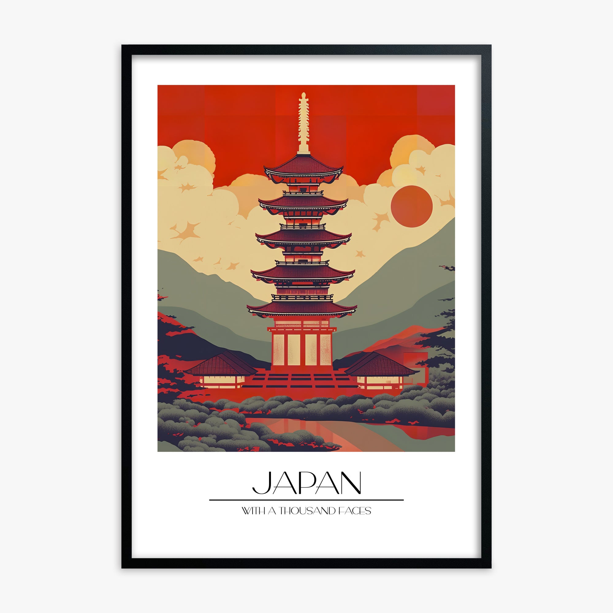 Crimson Pagoda Dusk, Black Framed Poster With Black Frame