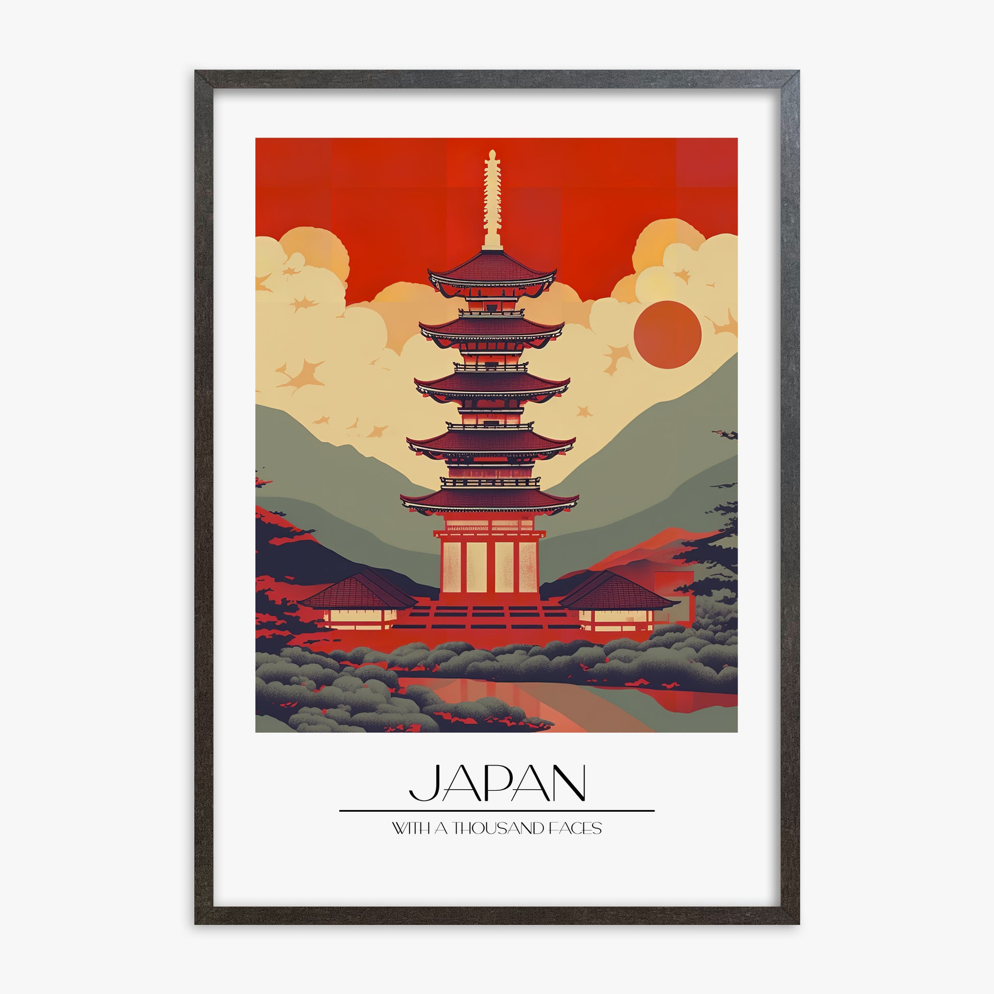 Crimson Pagoda Dusk, 70x100cm Framed Poster With Espresso Frame