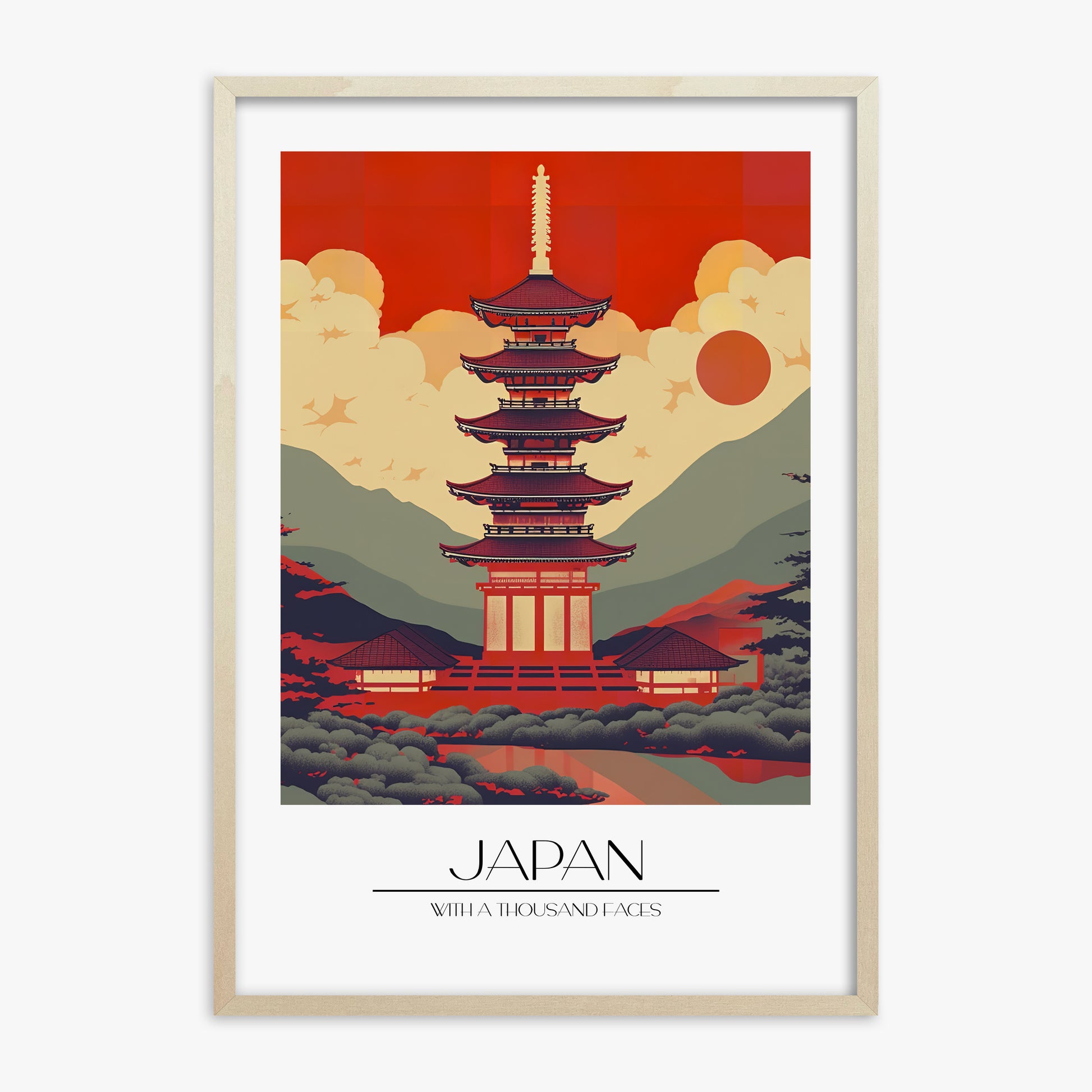 Crimson Pagoda Dusk, 70x100cm Framed Poster With Lime Wood Frame