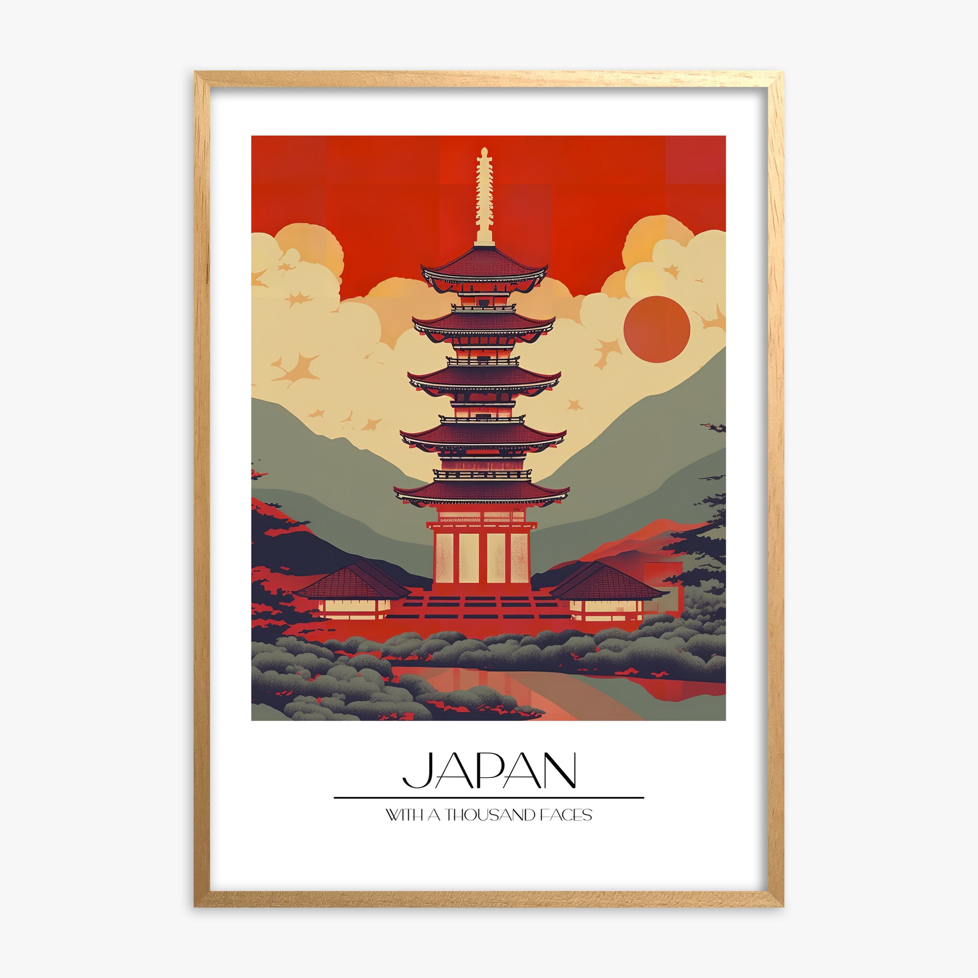 Crimson Pagoda Dusk, Oak Framed Poster With Oak Frame