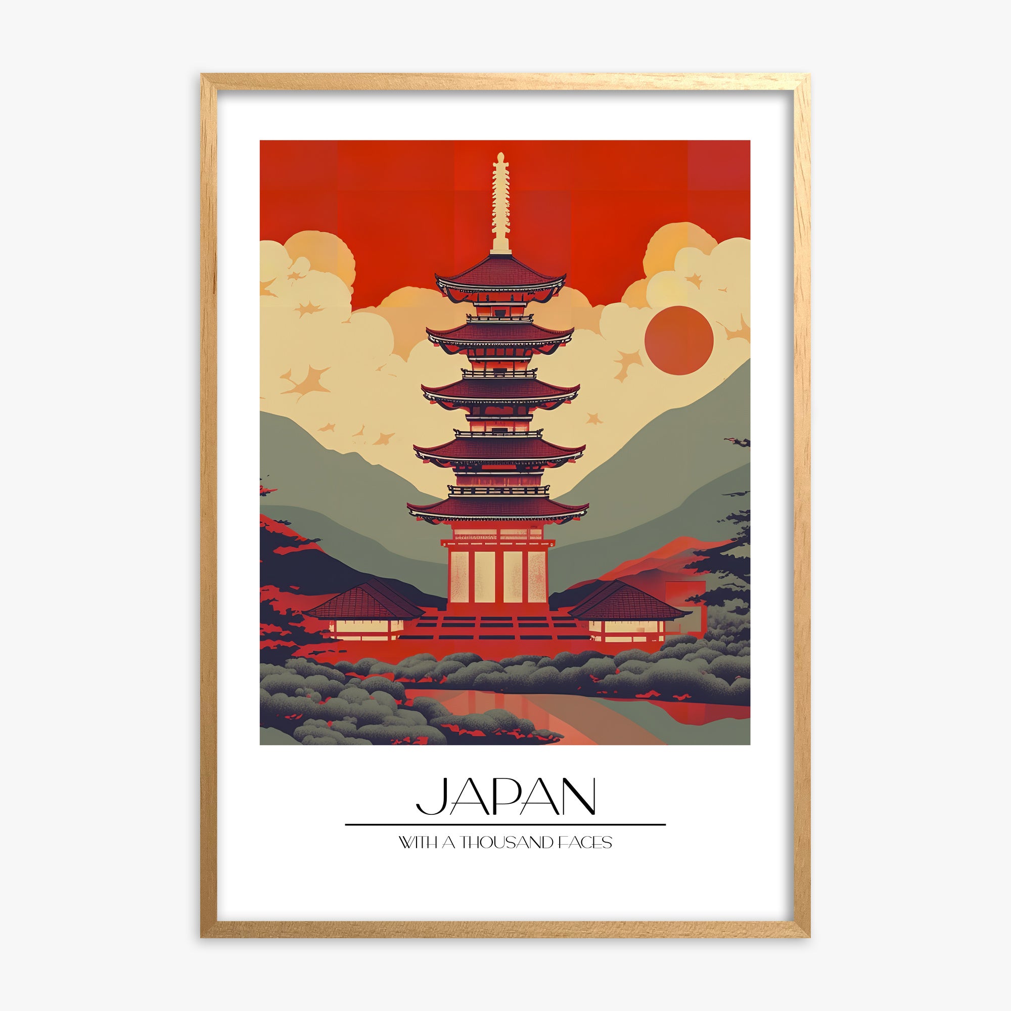 Crimson Pagoda Dusk, Oak Framed Poster With Oak Frame