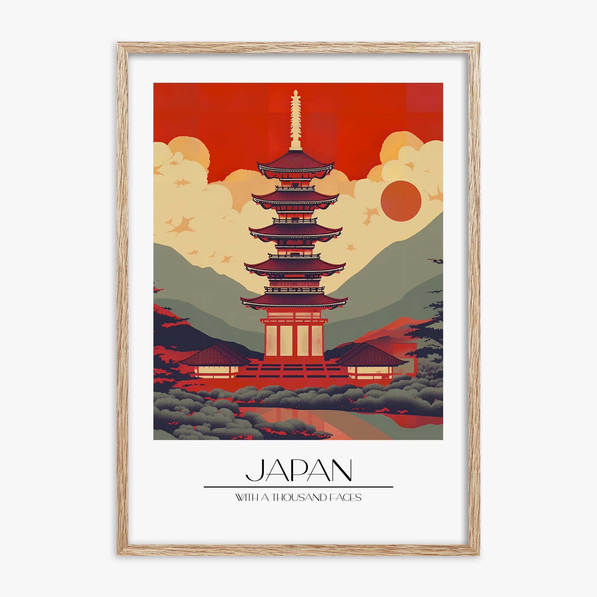 Crimson Pagoda Dusk, 70x100cm Framed Poster With Raw Oak Frame