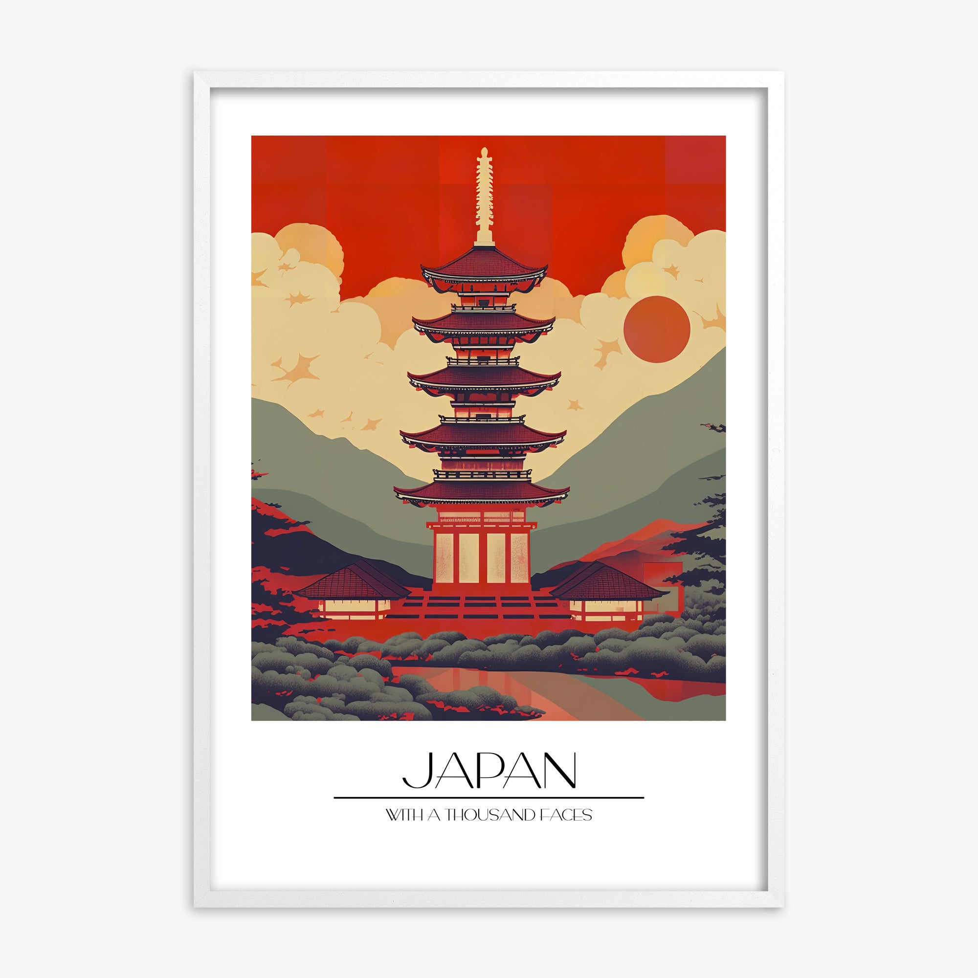Crimson Pagoda Dusk, White Framed Poster With White Frame