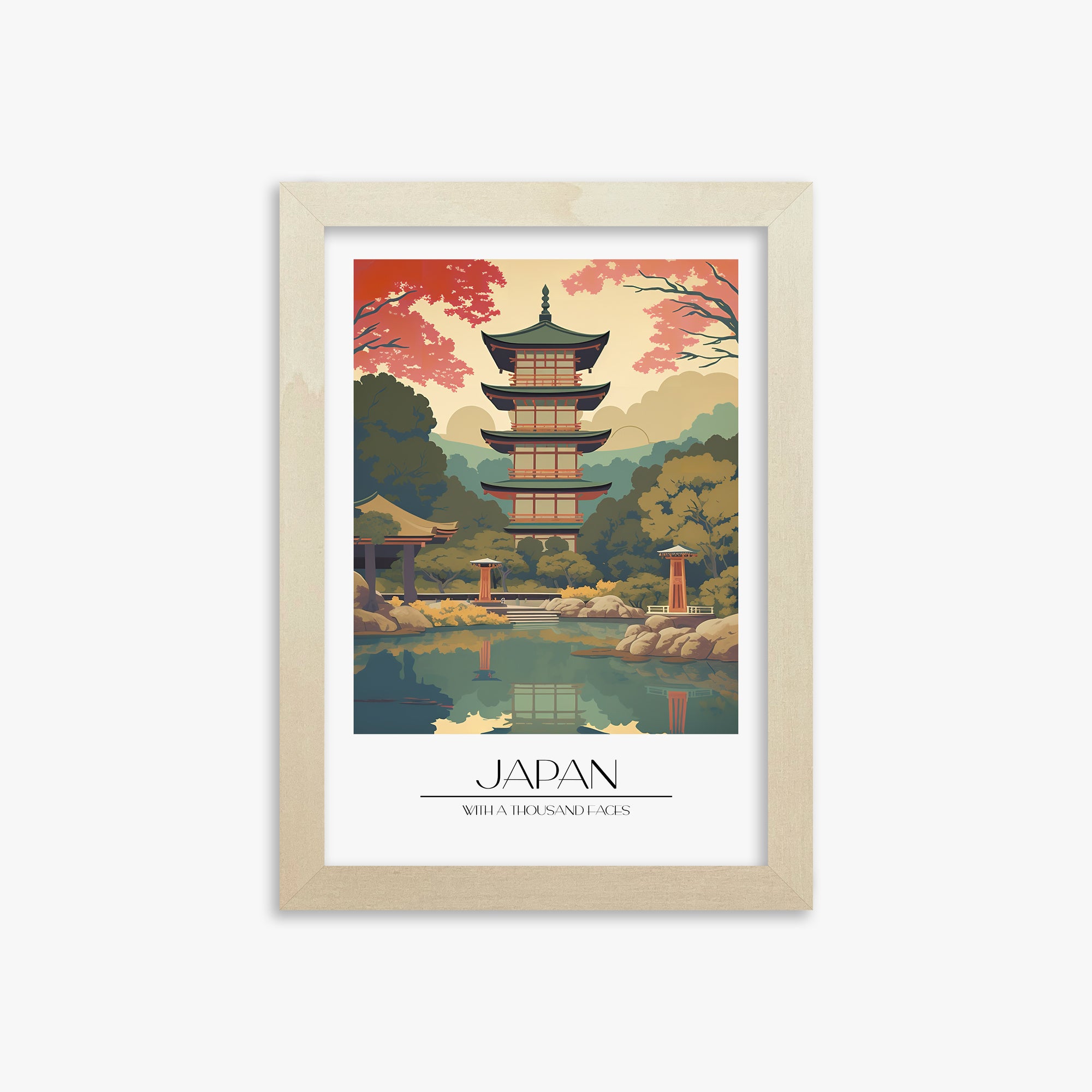 Serene Garden Temple, 21x30cm Framed Poster With Lime Wood Frame