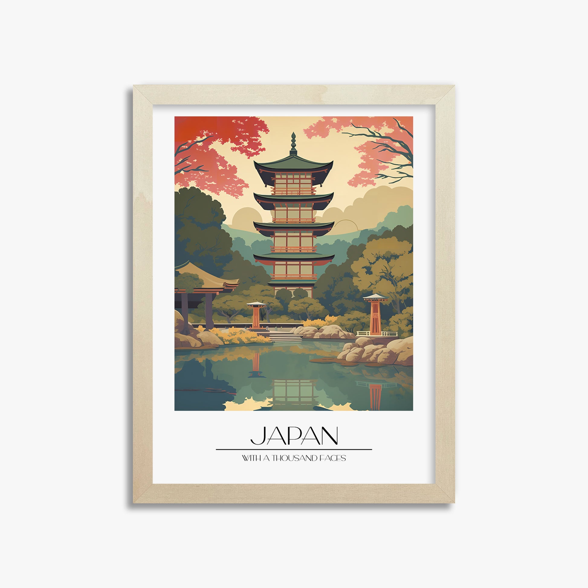 Serene Garden Temple, 30x40cm Framed Poster With Lime Wood Frame