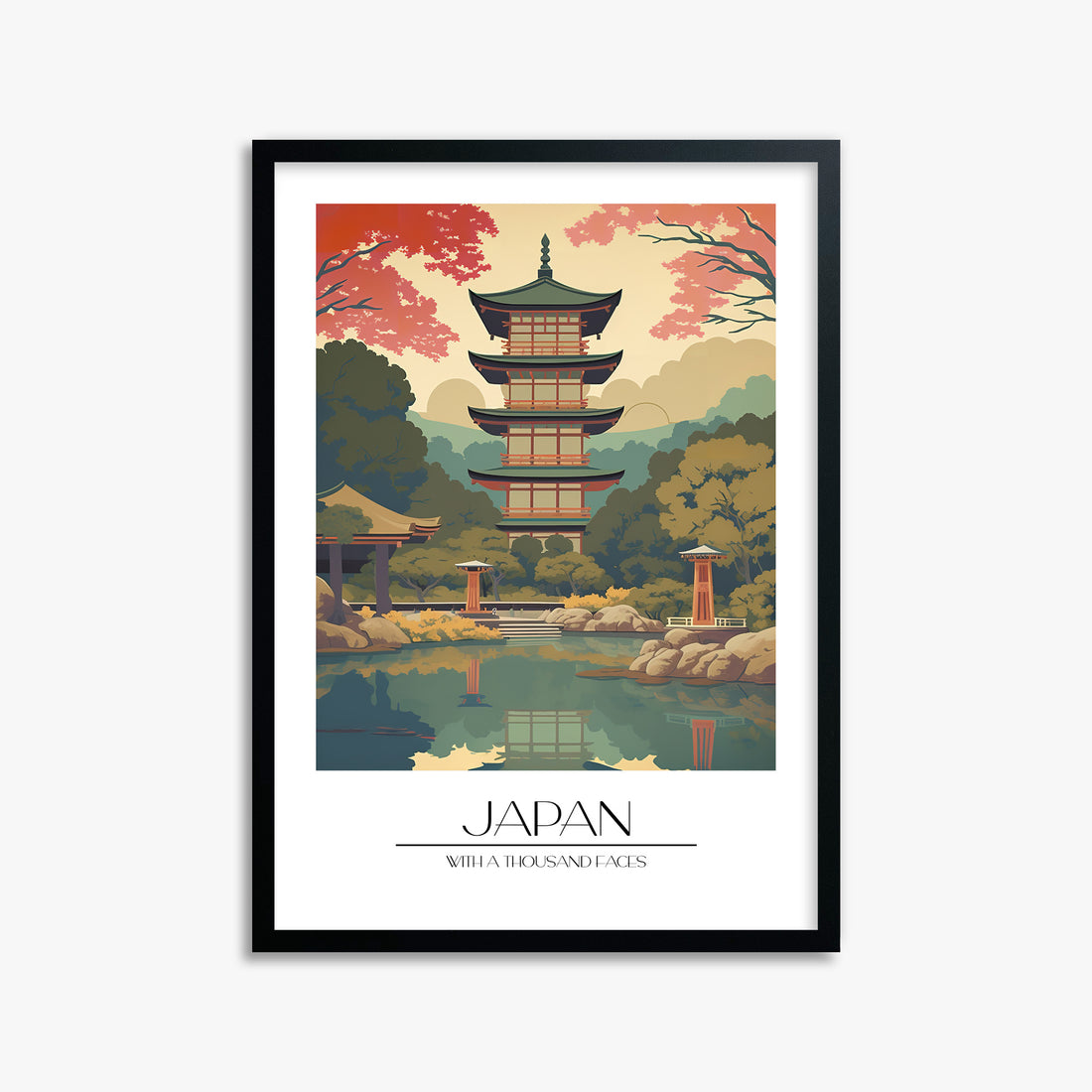 Serene Garden Temple, 50x70cm Framed Poster With Black Frame
