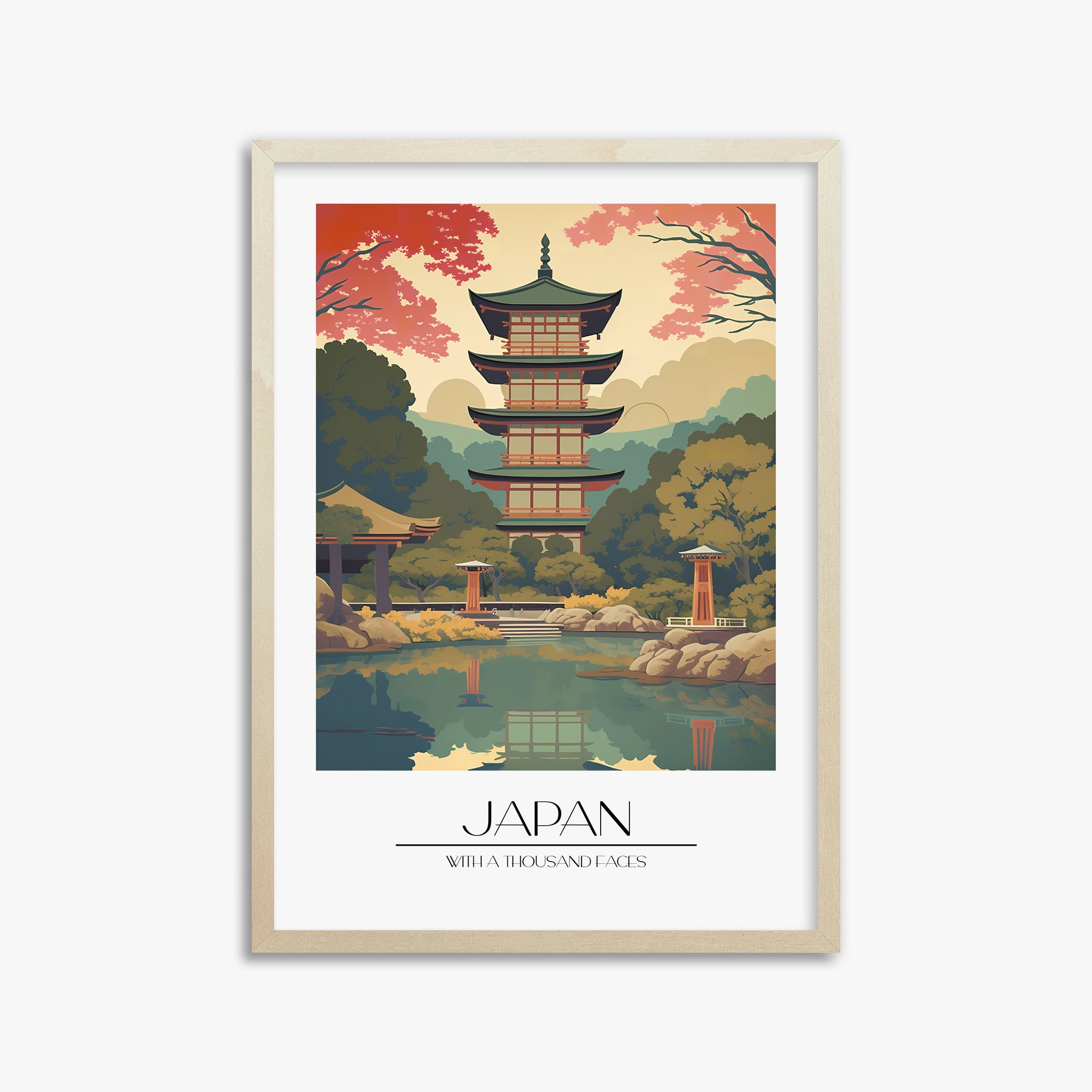 Serene Garden Temple, 50x70cm Framed Poster With Lime Wood Frame