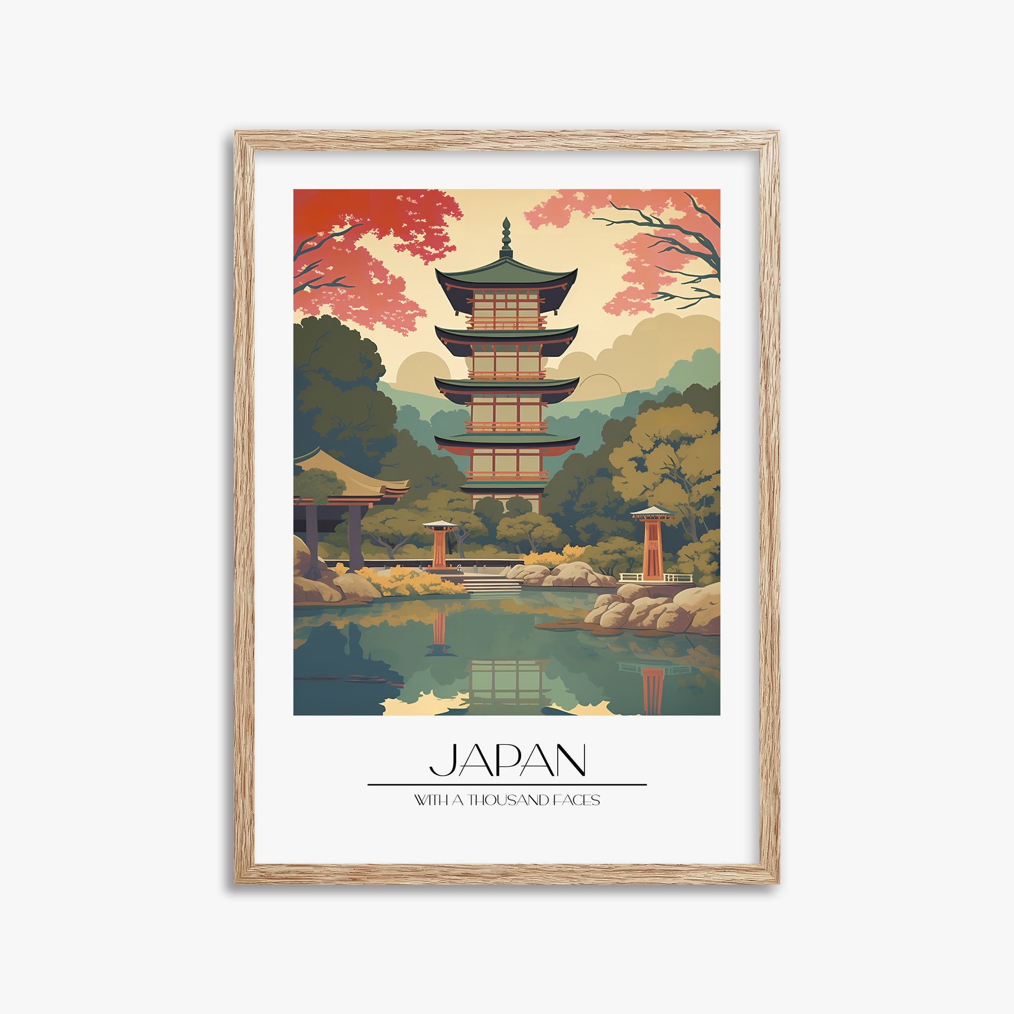 Serene Garden Temple, 50x70cm Framed Poster With Raw Oak Frame
