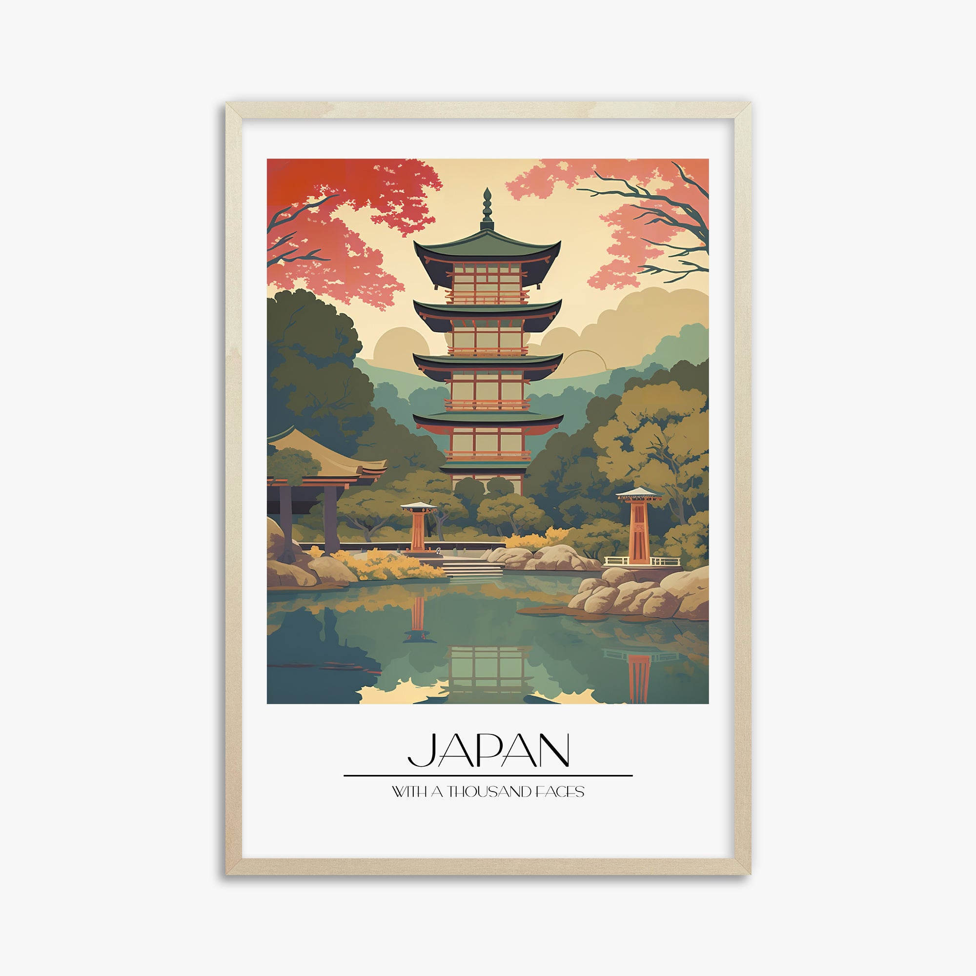 Serene Garden Temple, 61x91cm Framed Poster With Lime Wood Frame