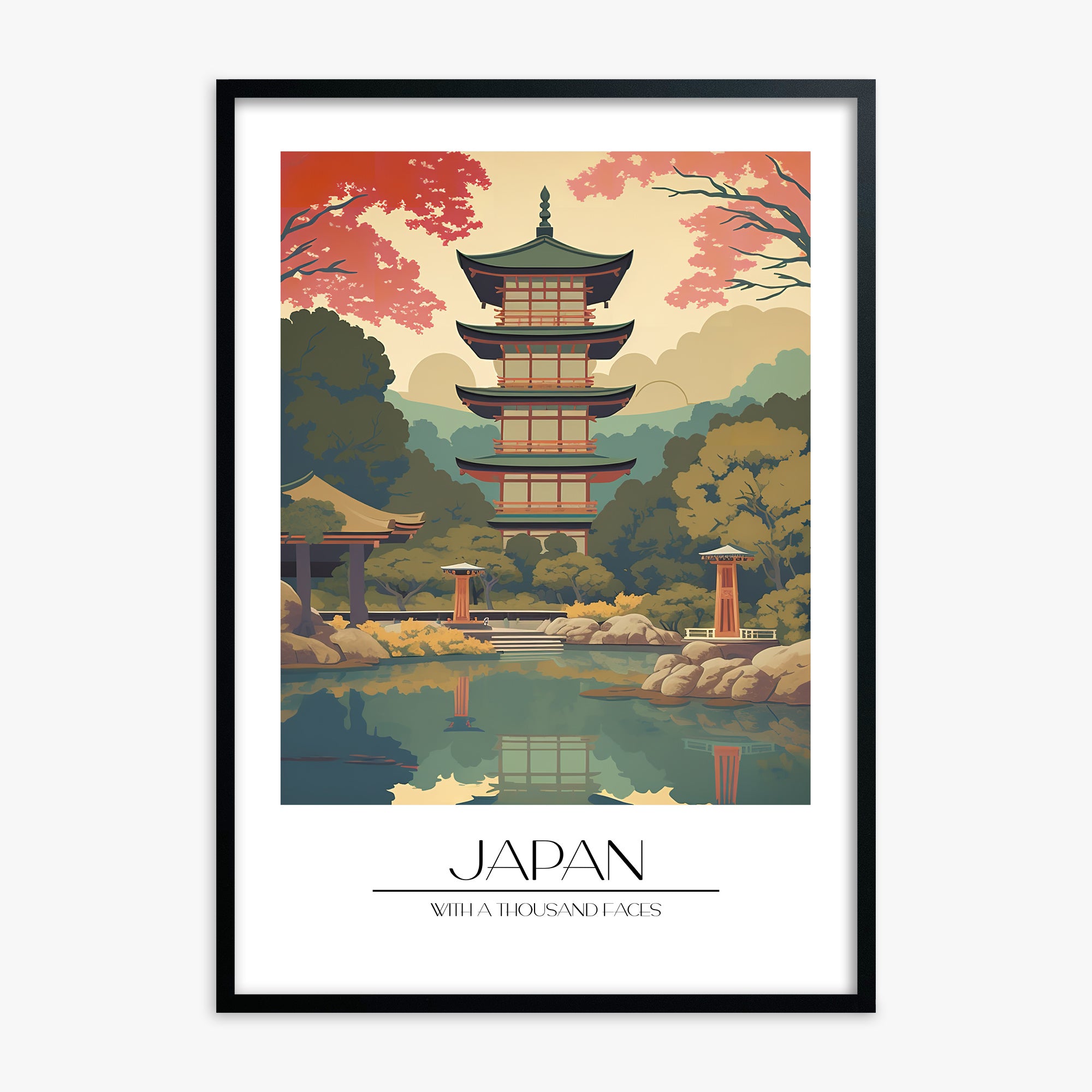 Serene Garden Temple, Black Framed Poster With Black Frame