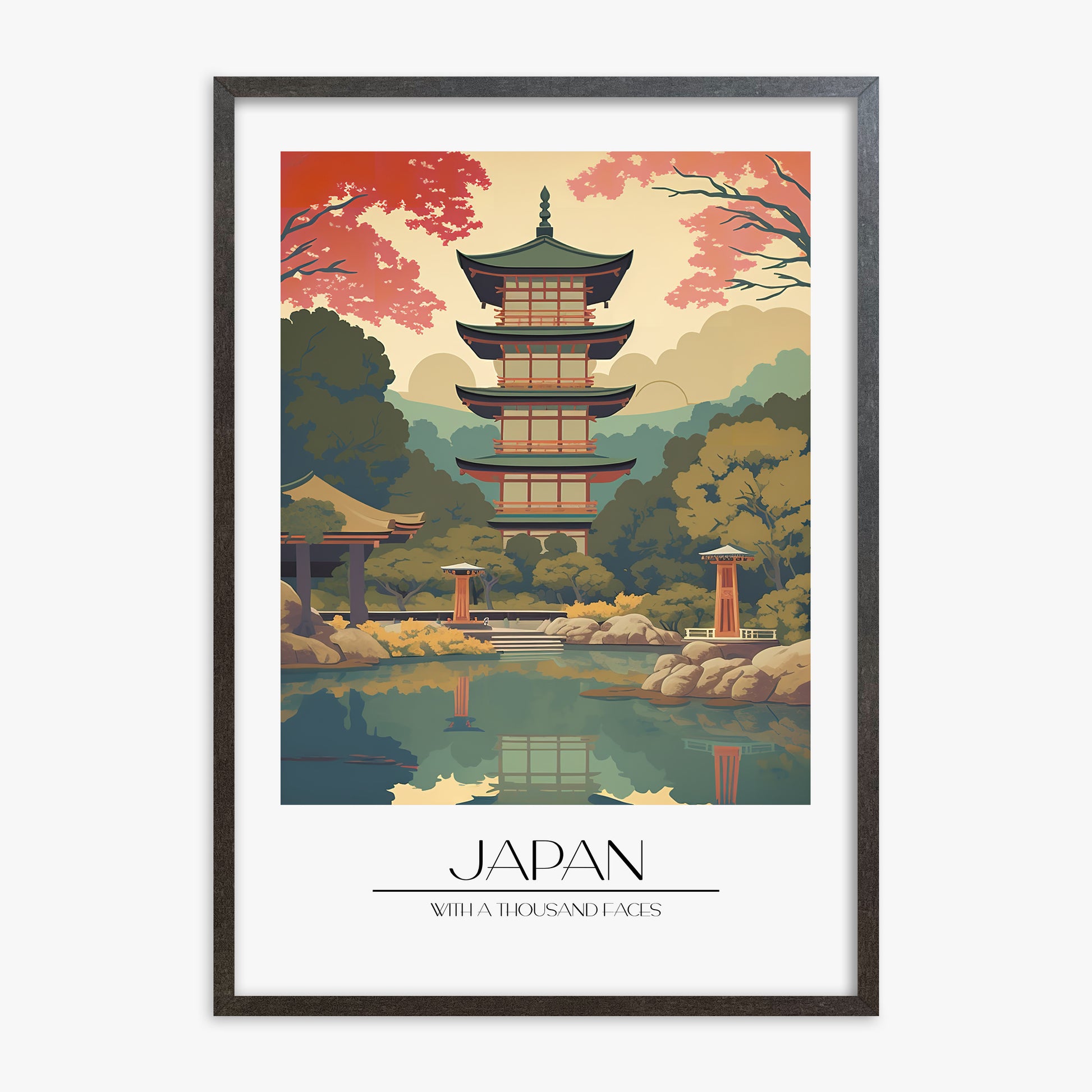 Serene Garden Temple, 70x100cm Framed Poster With Espresso Frame