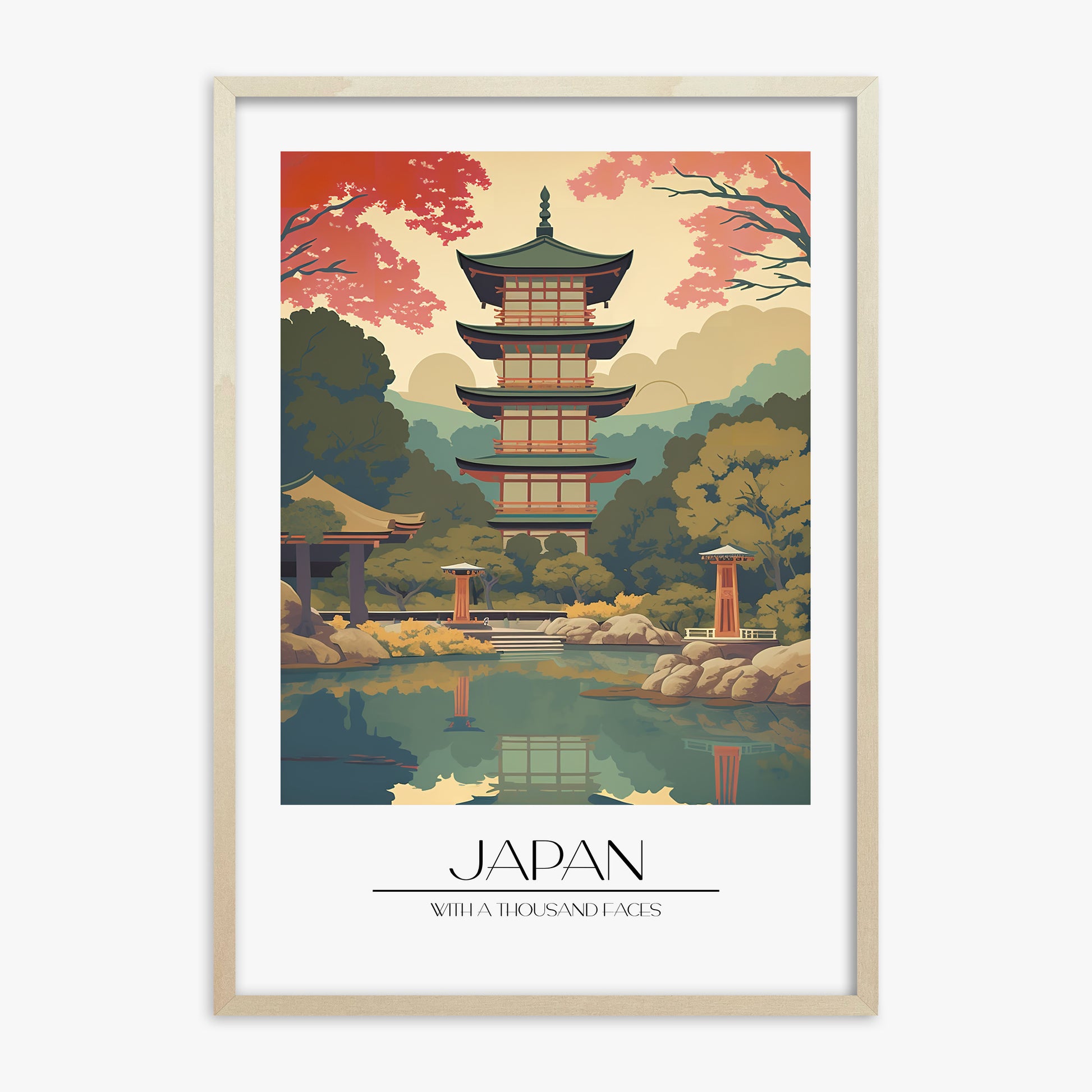 Serene Garden Temple, 70x100cm Framed Poster With Lime Wood Frame