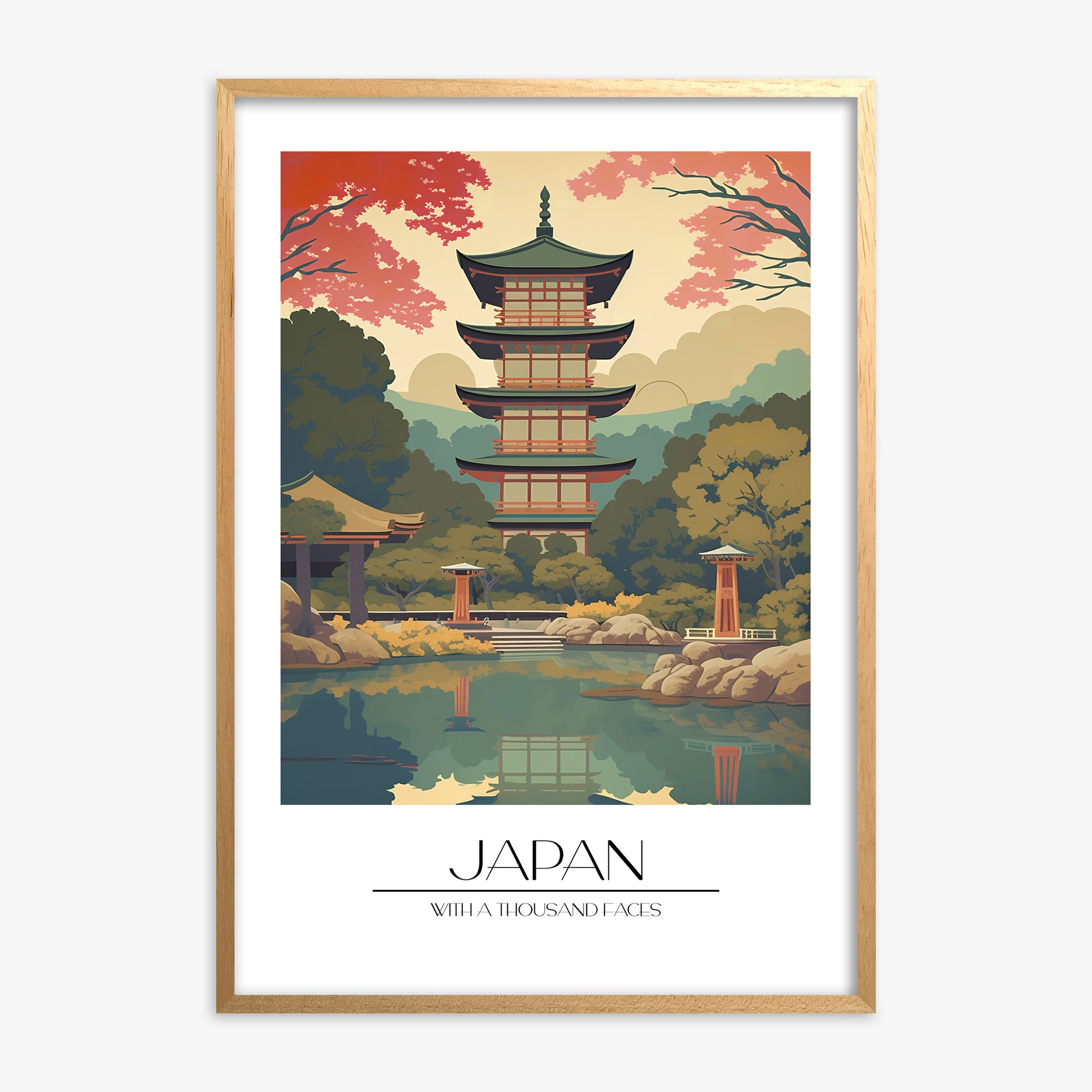 Serene Garden Temple, Oak Framed Poster With Oak Frame