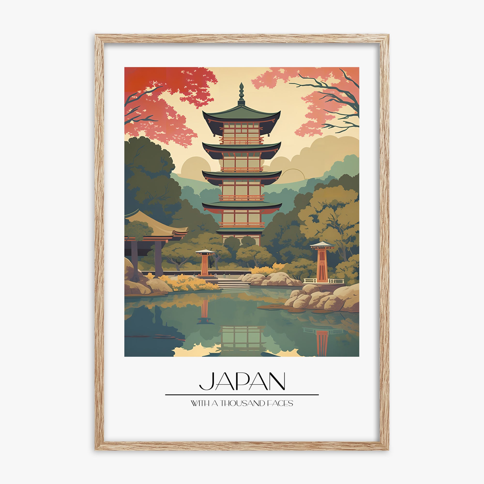 Serene Garden Temple, 70x100cm Framed Poster With Raw Oak Frame