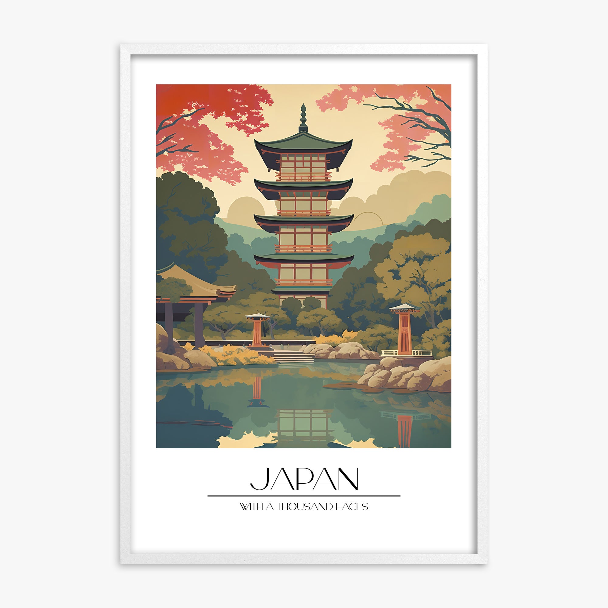 Serene Garden Temple, White Framed Poster With White Frame