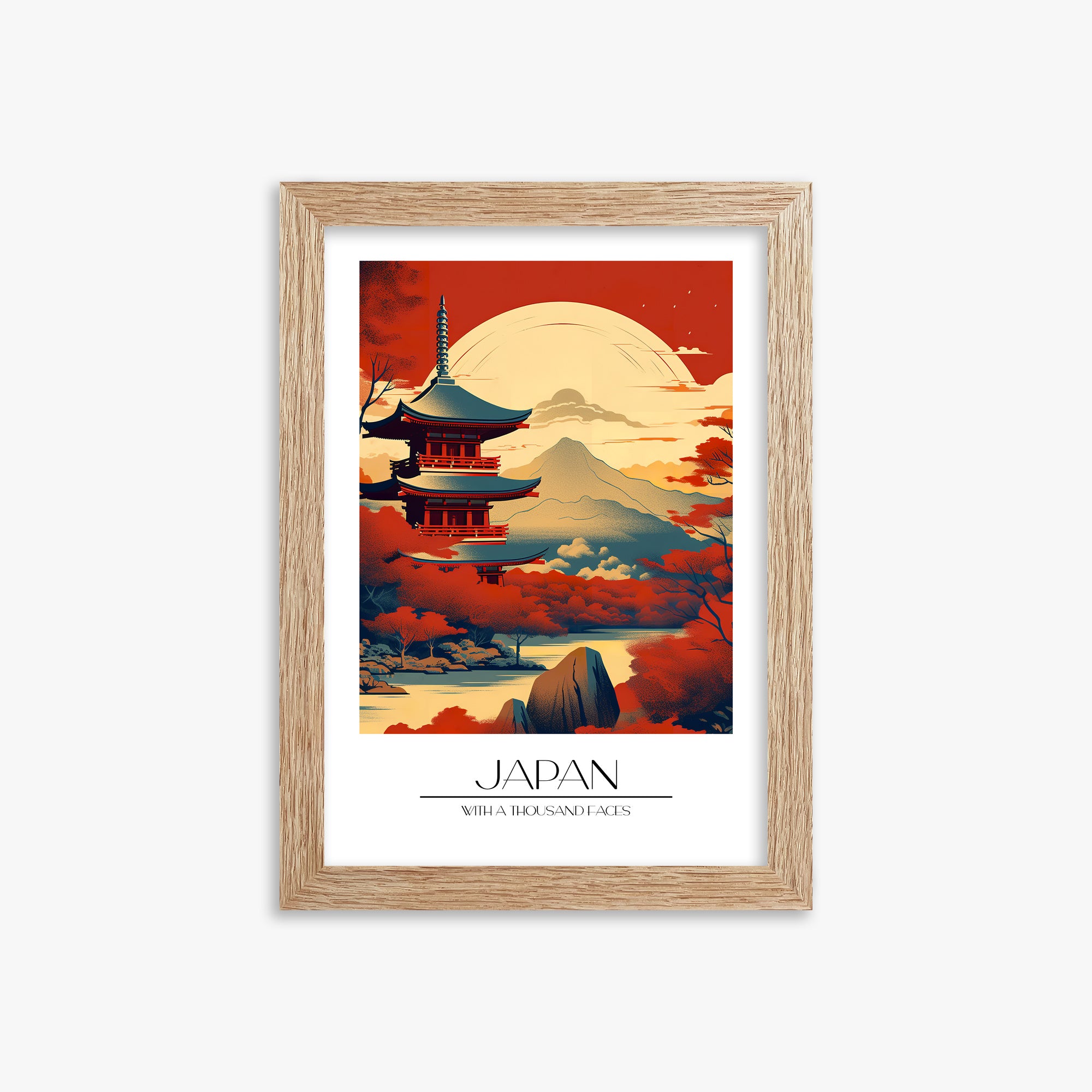 Crimson Pagoda Sunset, 21x30cm Framed Poster With Raw Oak Frame