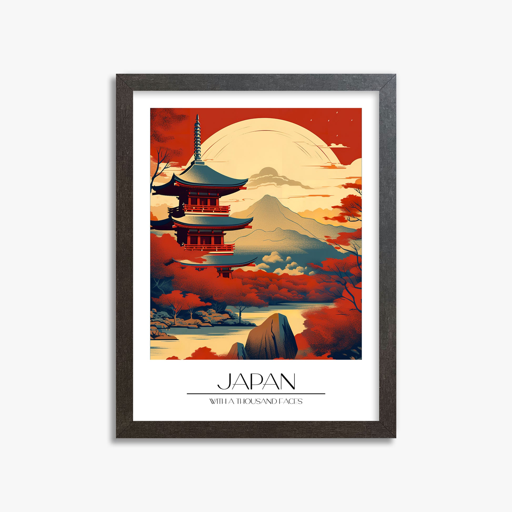 Crimson Pagoda Sunset, 30x40cm Framed Poster With Espresso Frame