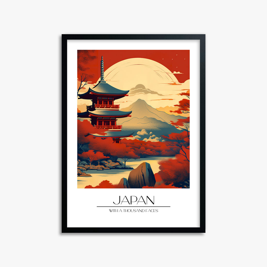 Crimson Pagoda Sunset, 50x70cm Framed Poster With Black Frame