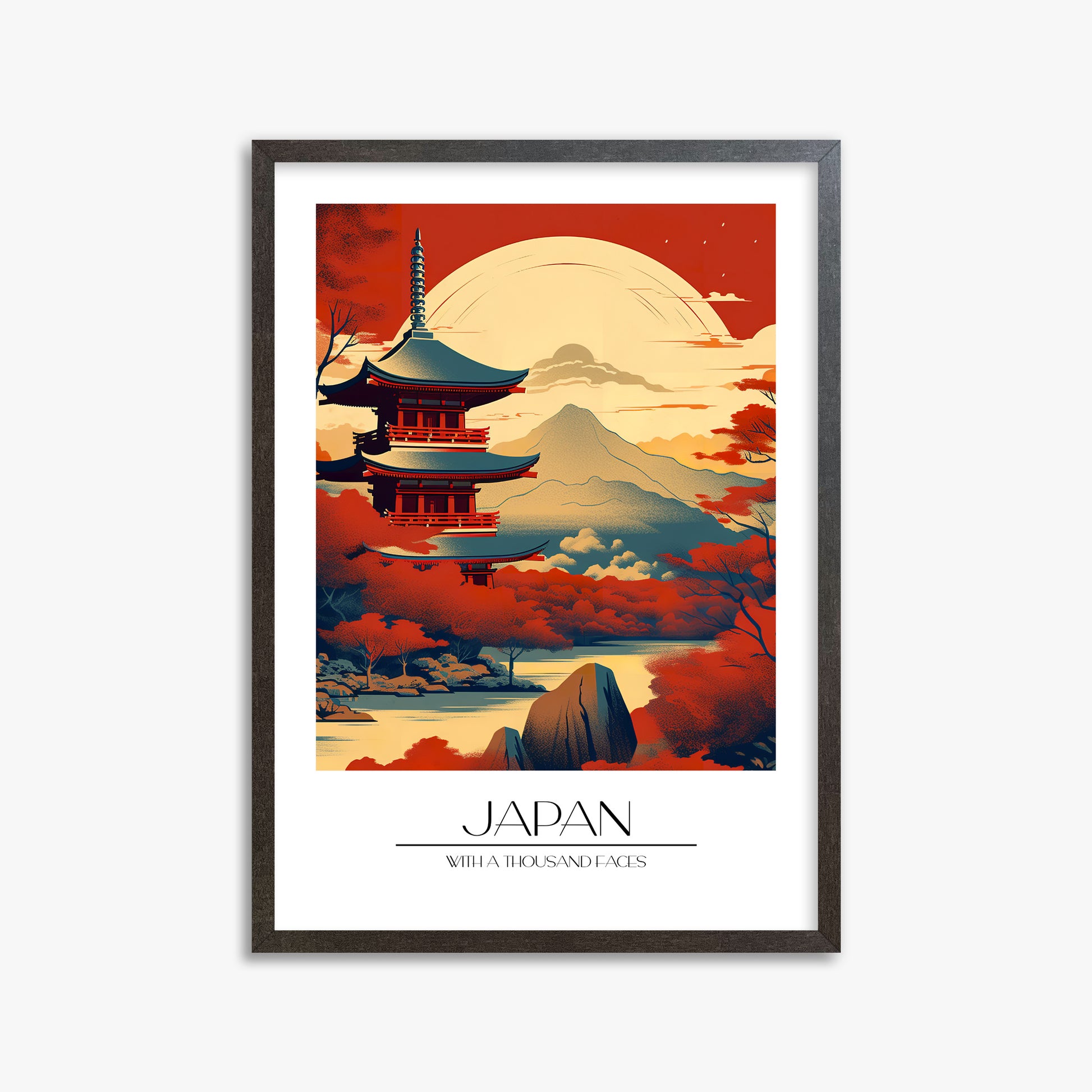 Crimson Pagoda Sunset, 50x70cm Framed Poster With Espresso Frame
