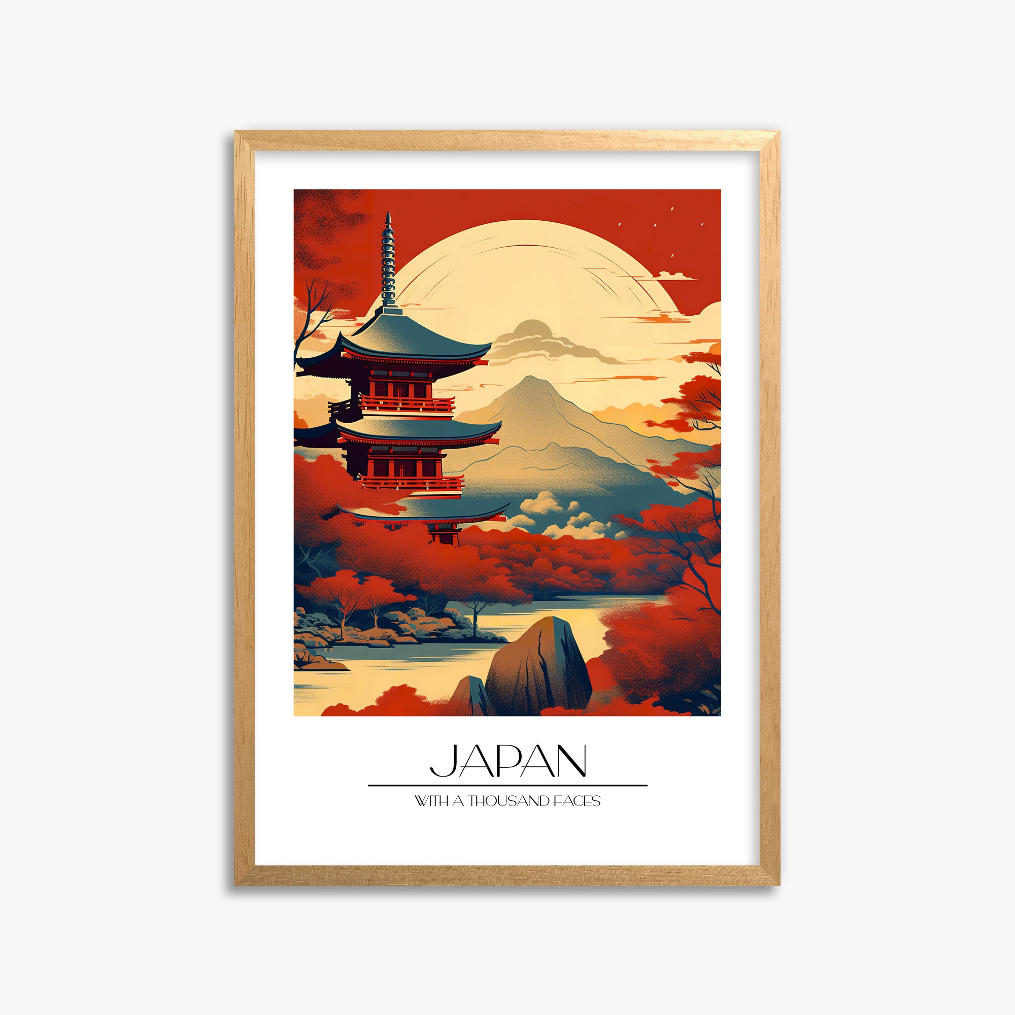 Crimson Pagoda Sunset, 50x70cm Framed Poster With Oak Frame