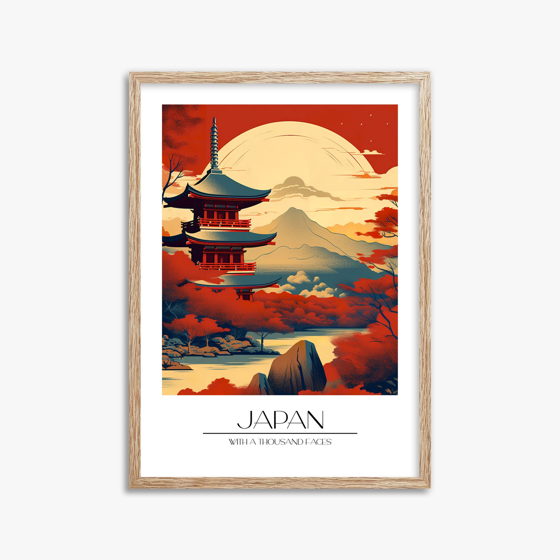 Crimson Pagoda Sunset, 50x70cm Framed Poster With Raw Oak Frame