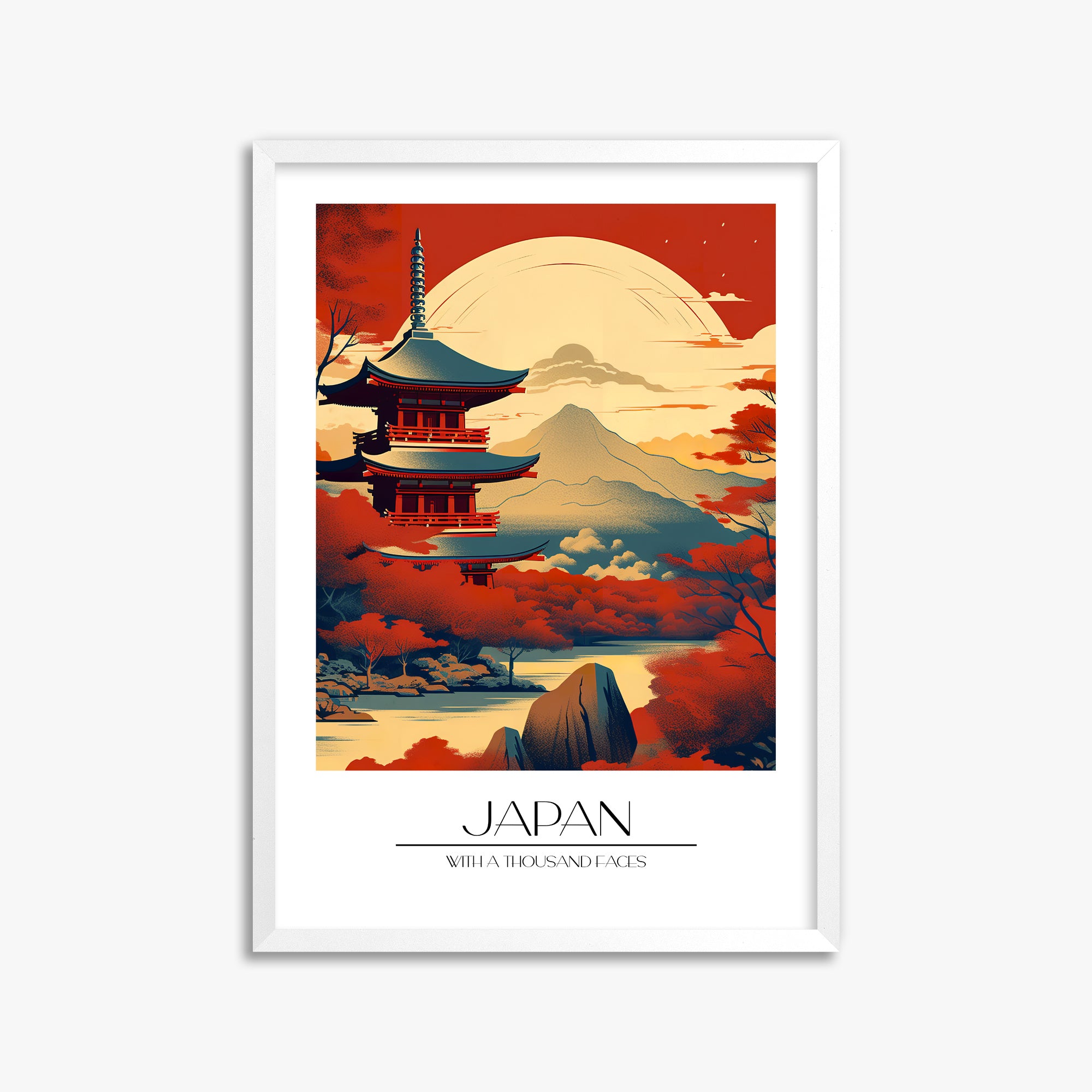 Crimson Pagoda Sunset, 50x70cm Framed Poster With White Frame