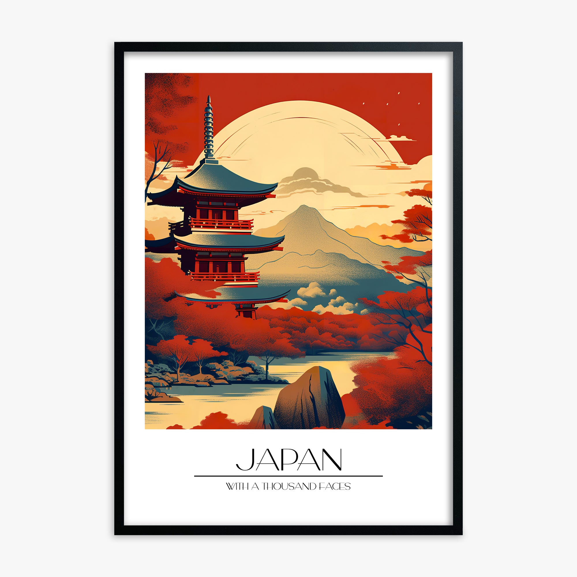 Crimson Pagoda Sunset, Black Framed Poster With Black Frame