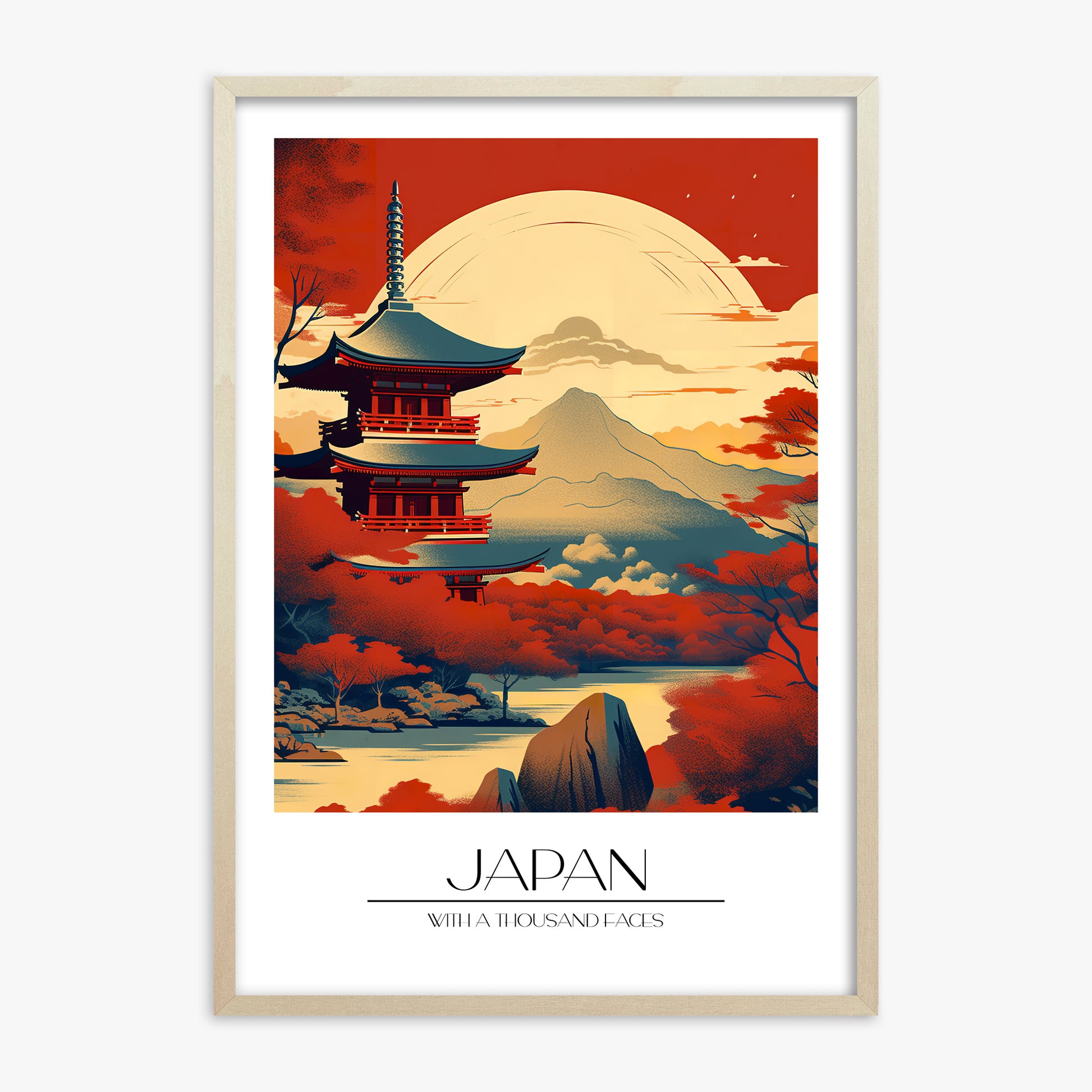 Crimson Pagoda Sunset, 70x100cm Framed Poster With Lime Wood Frame