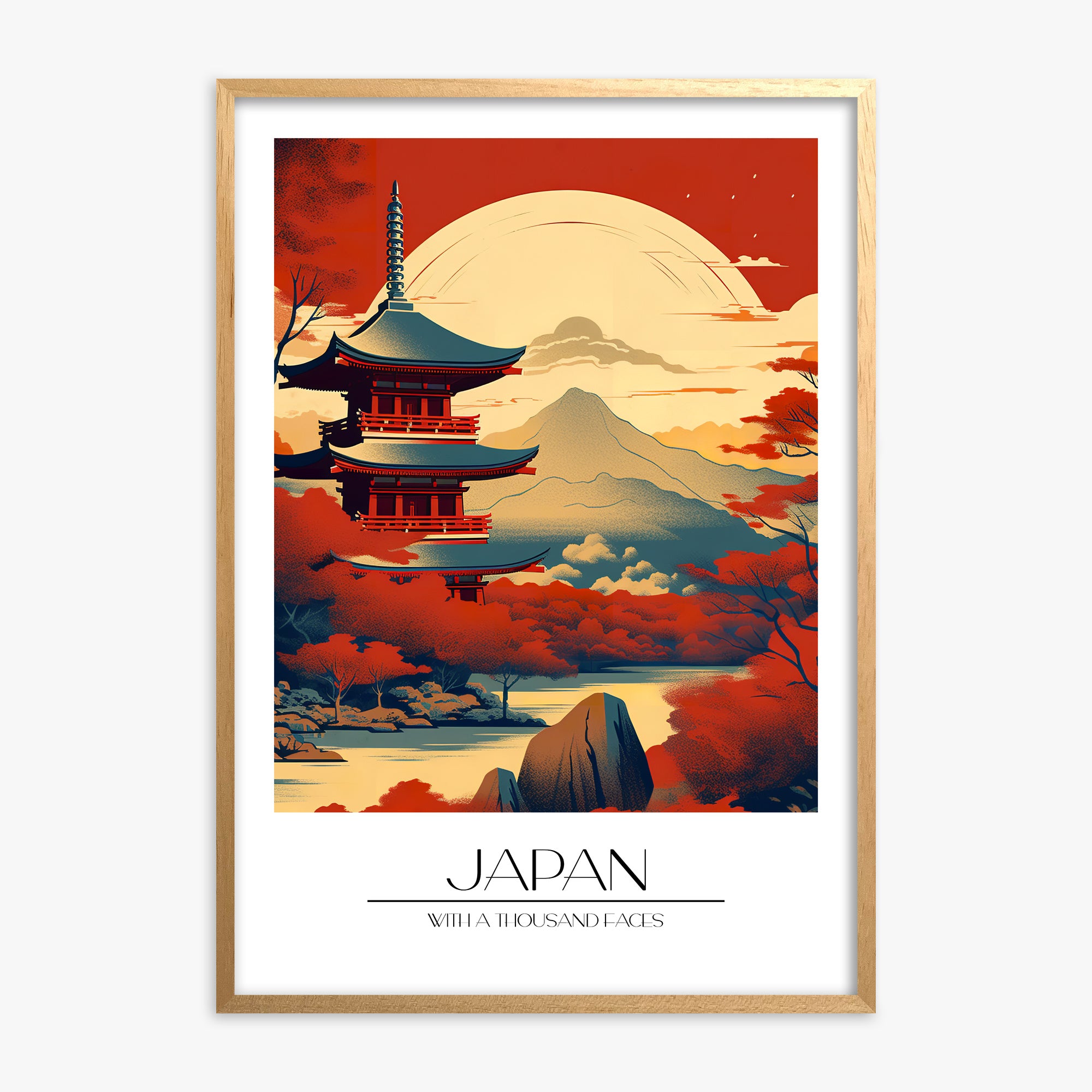 Crimson Pagoda Sunset, Oak Framed Poster With Oak Frame