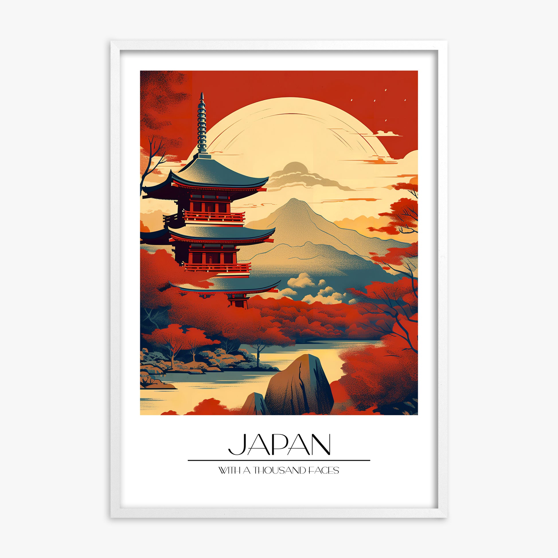 Crimson Pagoda Sunset, White Framed Poster With White Frame