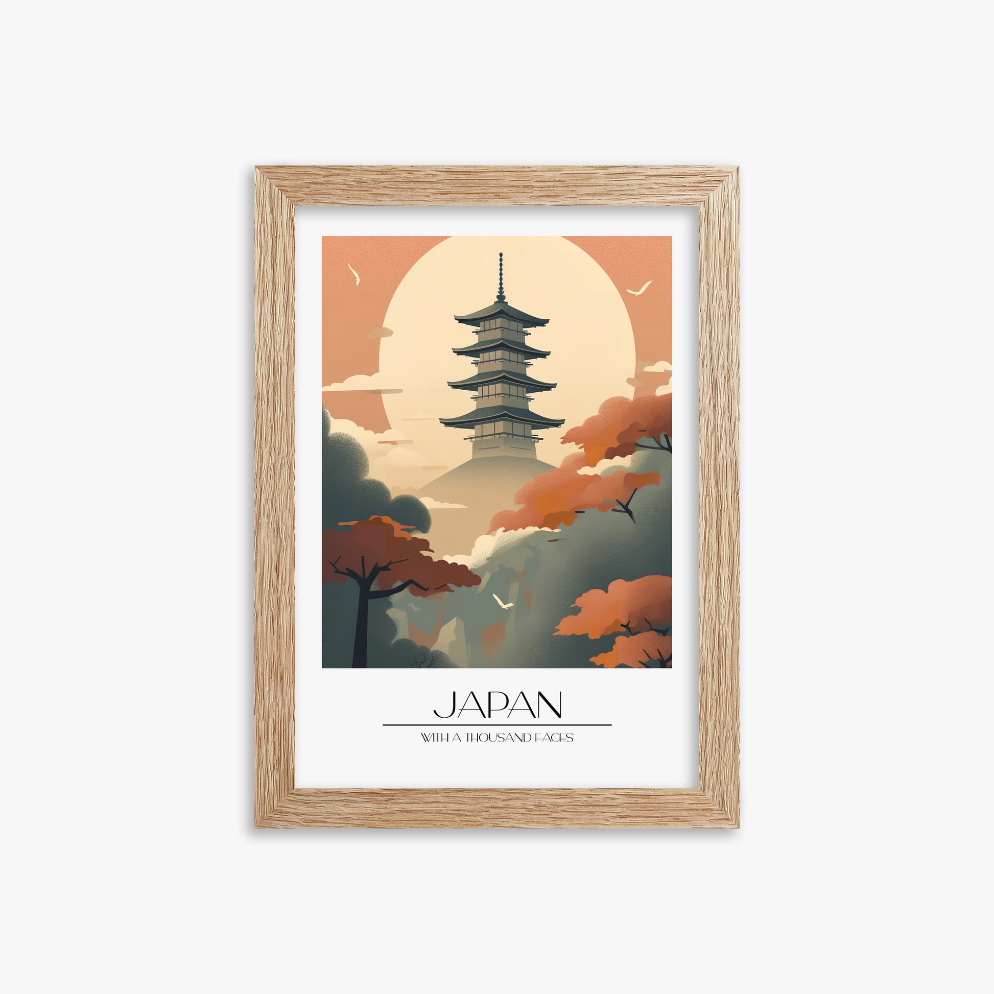 Misty Pagoda Silhouette, 21x30cm Framed Poster With Raw Oak Frame