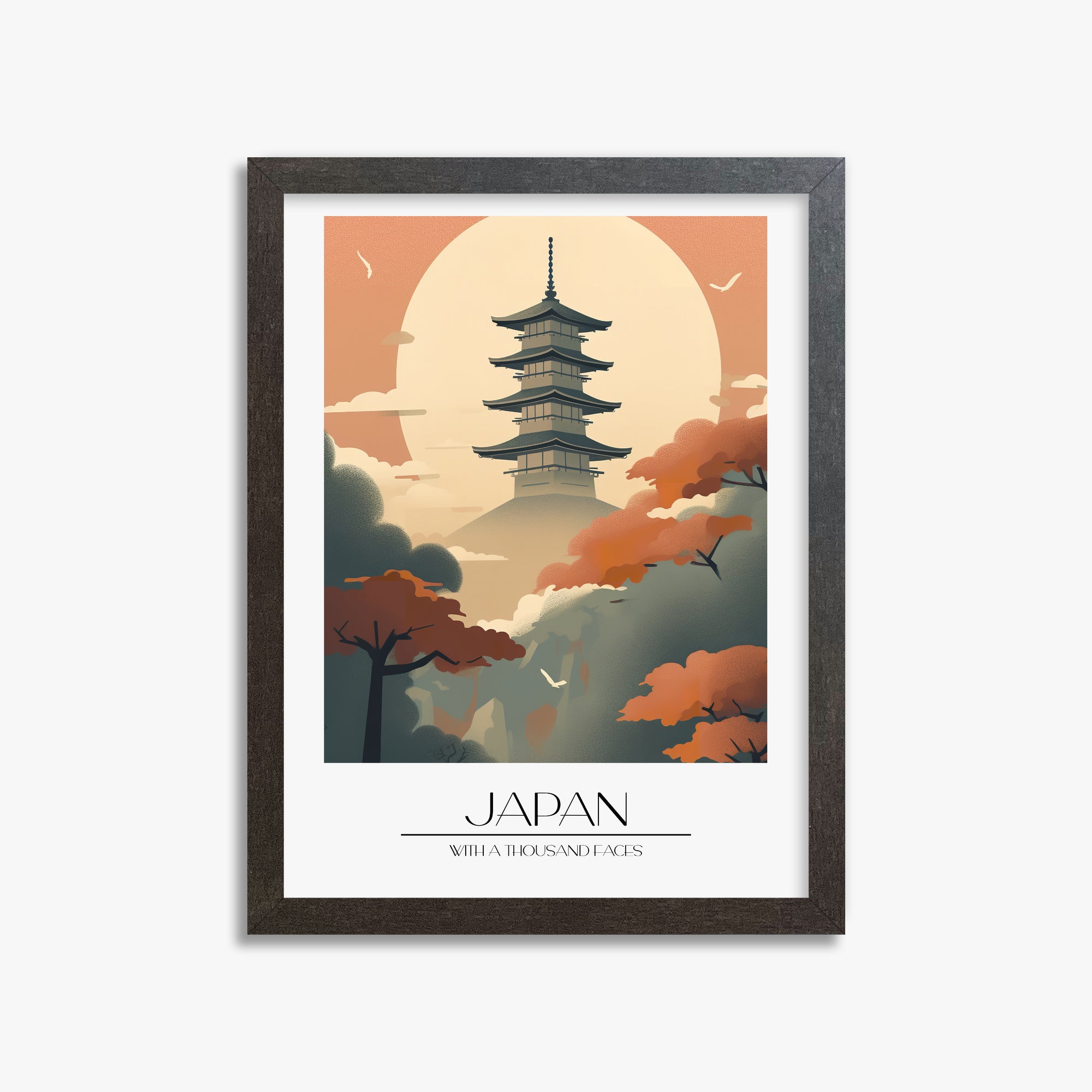 Misty Pagoda Silhouette, 30x40cm Framed Poster With Espresso Frame