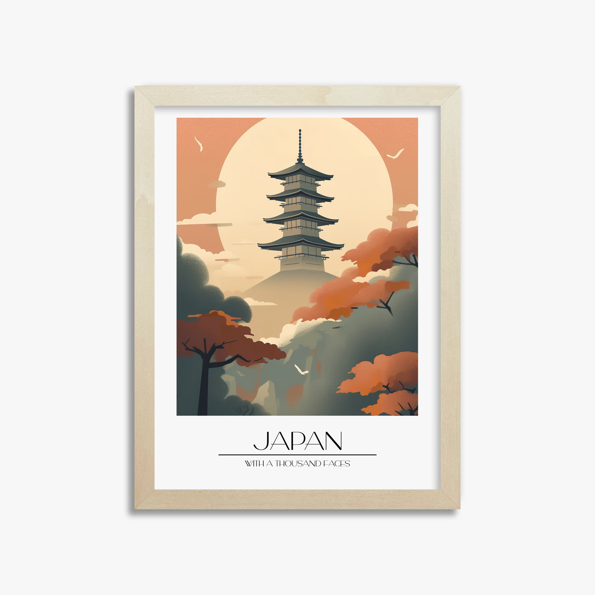 Misty Pagoda Silhouette, 30x40cm Framed Poster With Lime Wood Frame