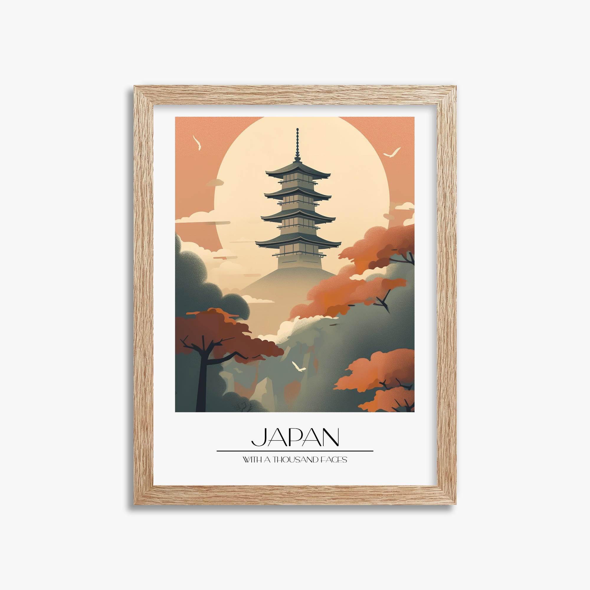 Misty Pagoda Silhouette, 30x40cm Framed Poster With Raw Oak Frame