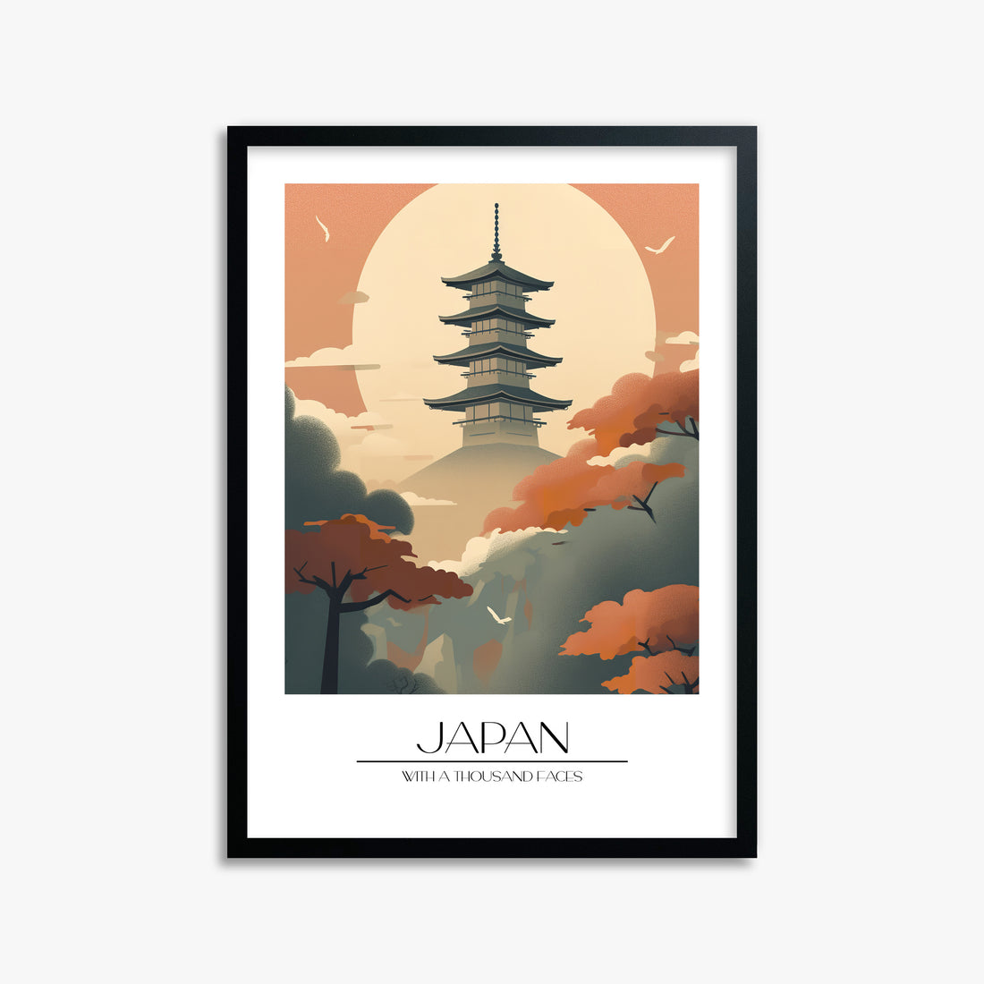 Misty Pagoda Silhouette, 50x70cm Framed Poster With Black Frame