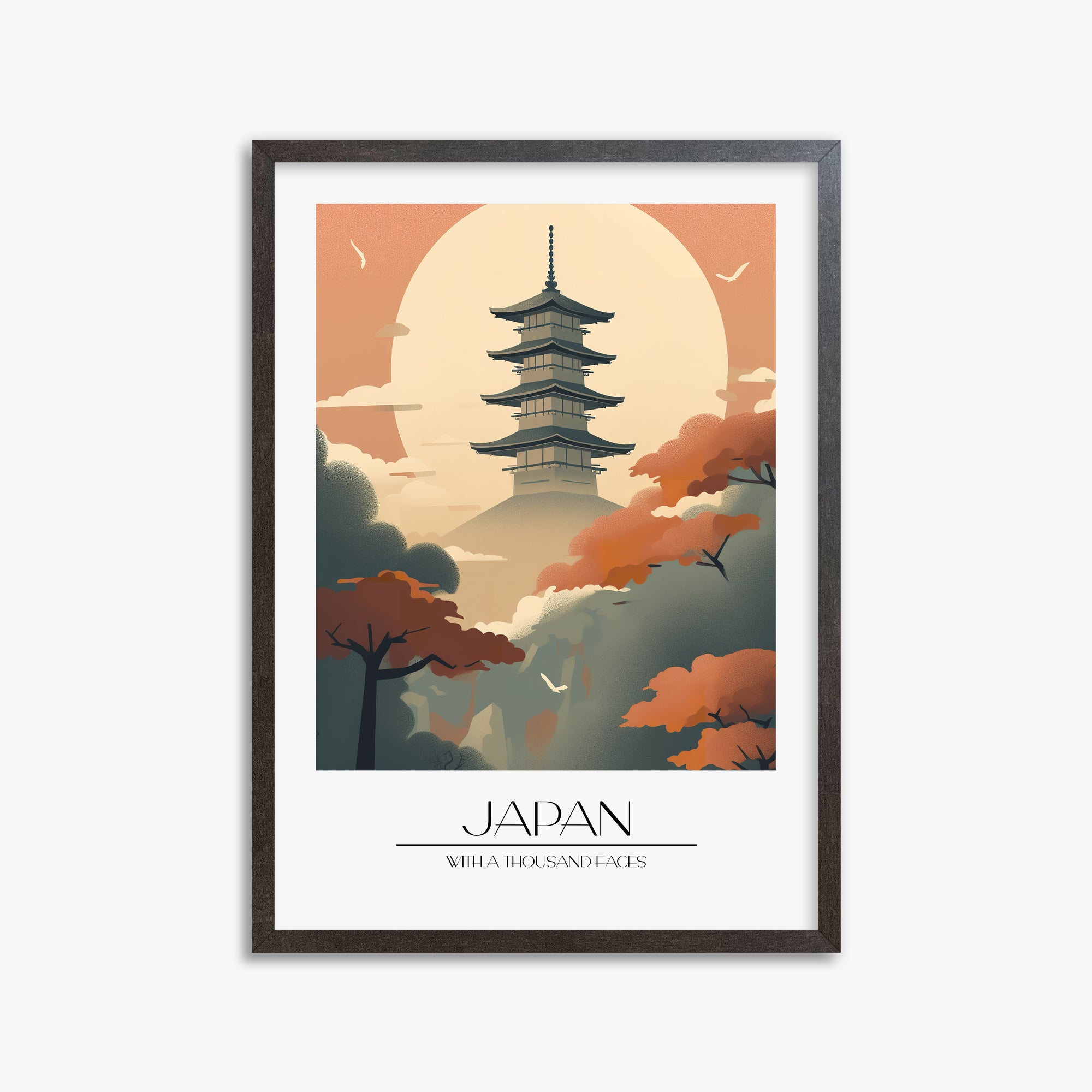 Misty Pagoda Silhouette, 50x70cm Framed Poster With Espresso Frame